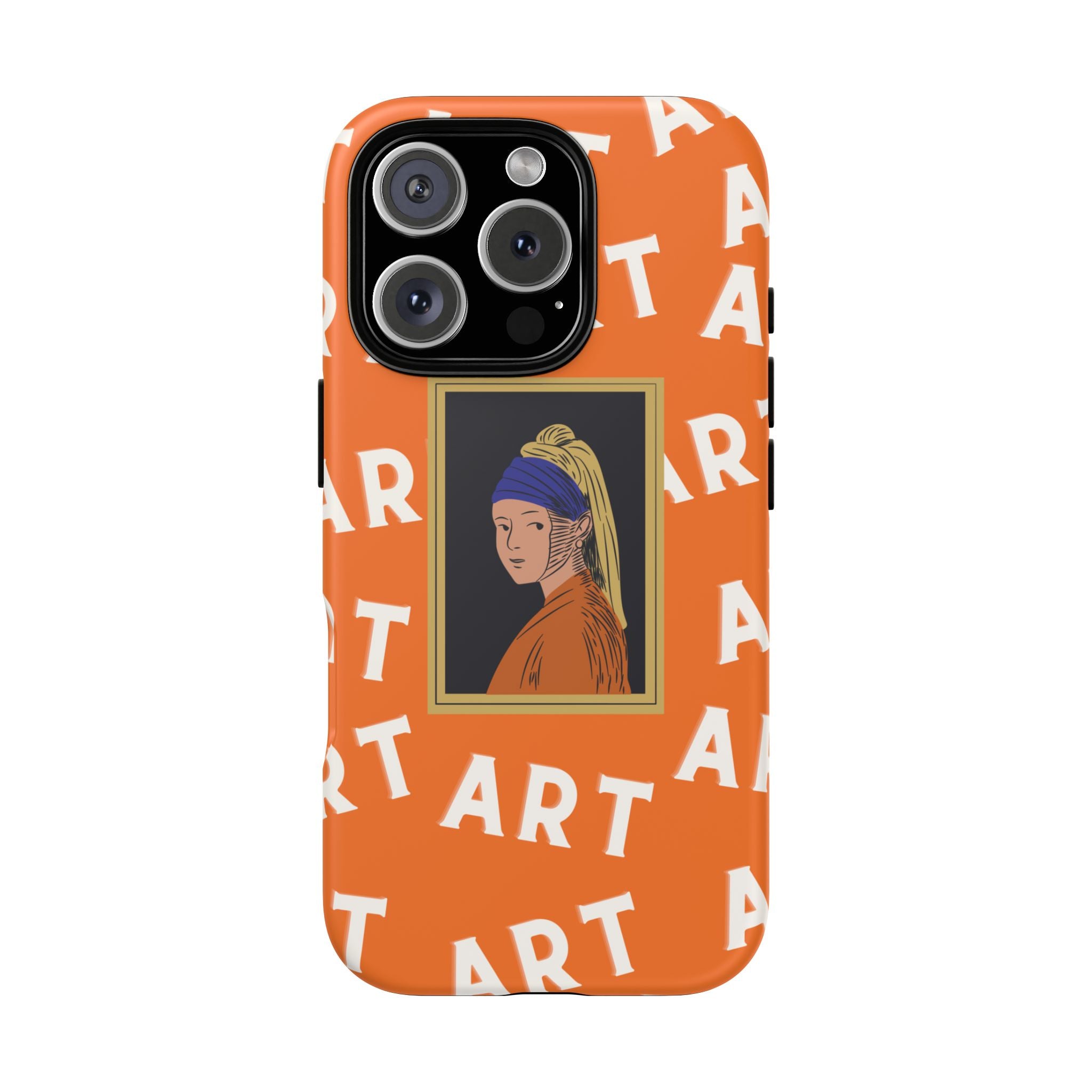 Bold Orange "ART" Pattern with Framed Girl with Pearl Earring Illustration