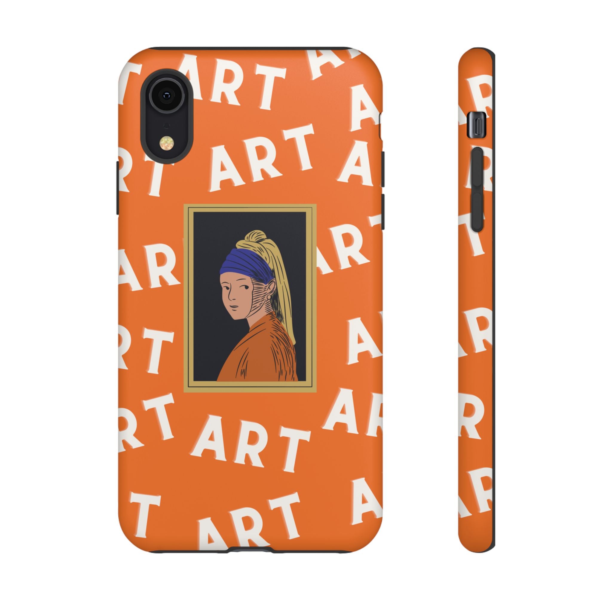 Bold Orange "ART" Pattern with Framed Girl with Pearl Earring Illustration