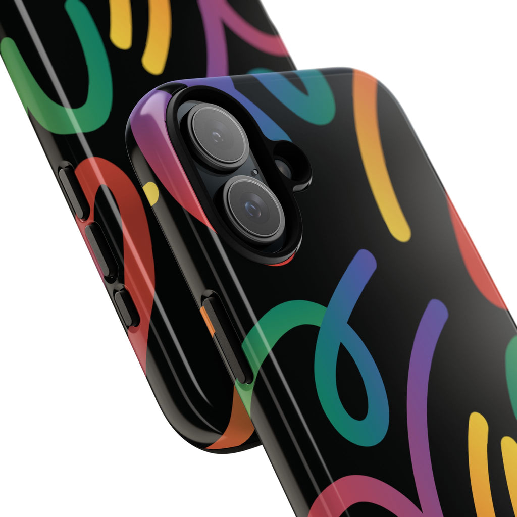 Colorful Doodle Tough Phone Case — Black Background Protective Cover