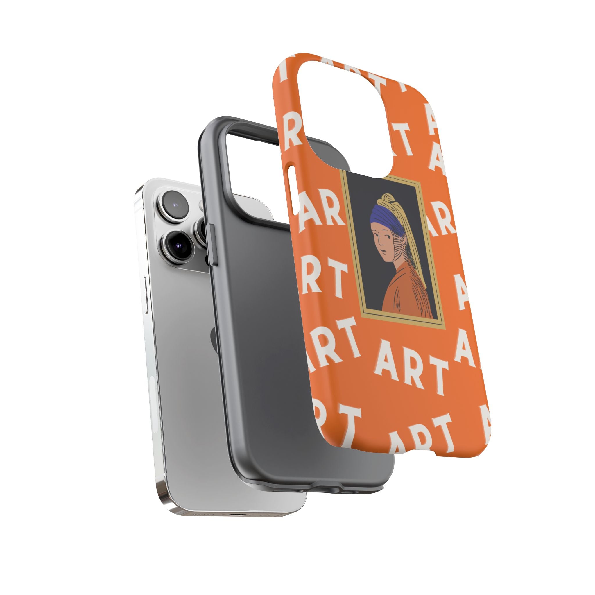 Bold Orange "ART" Pattern with Framed Girl with Pearl Earring Illustration