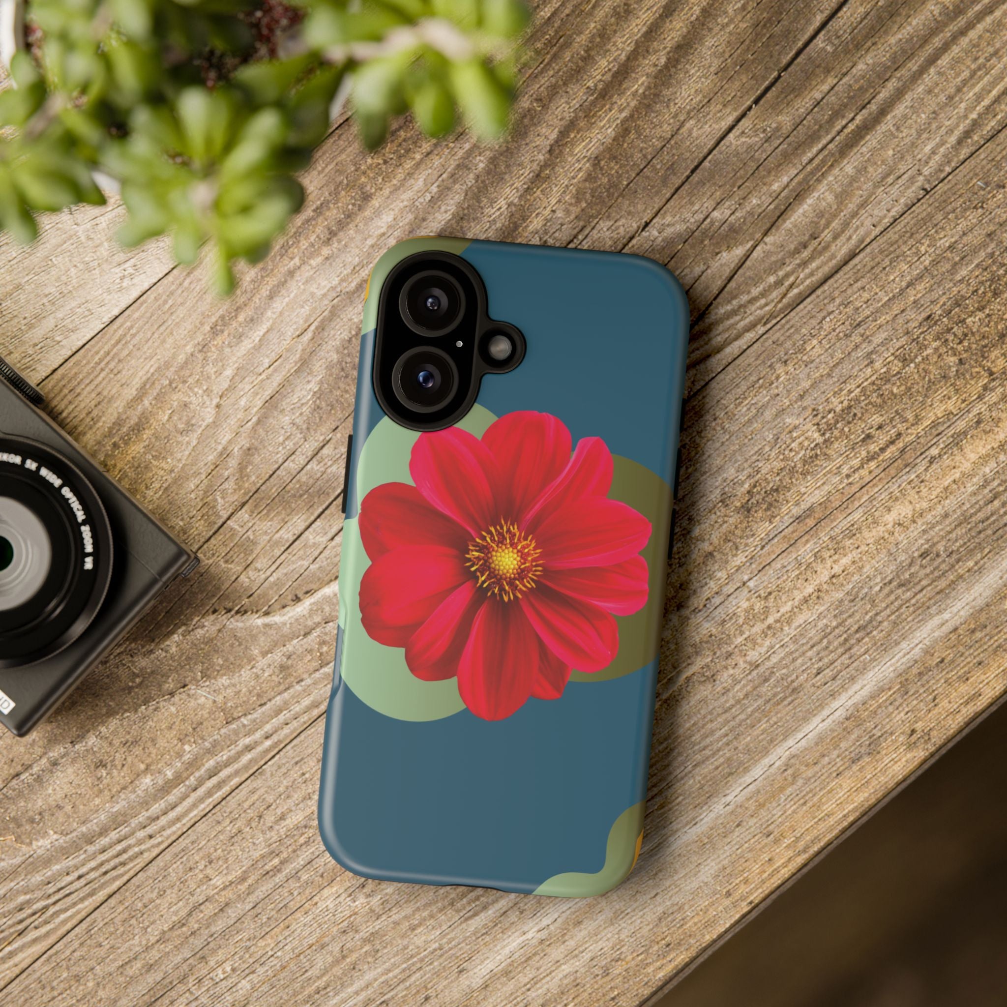 Floral Burst Tough Phone Case — Red Flower on Teal Protective Cover