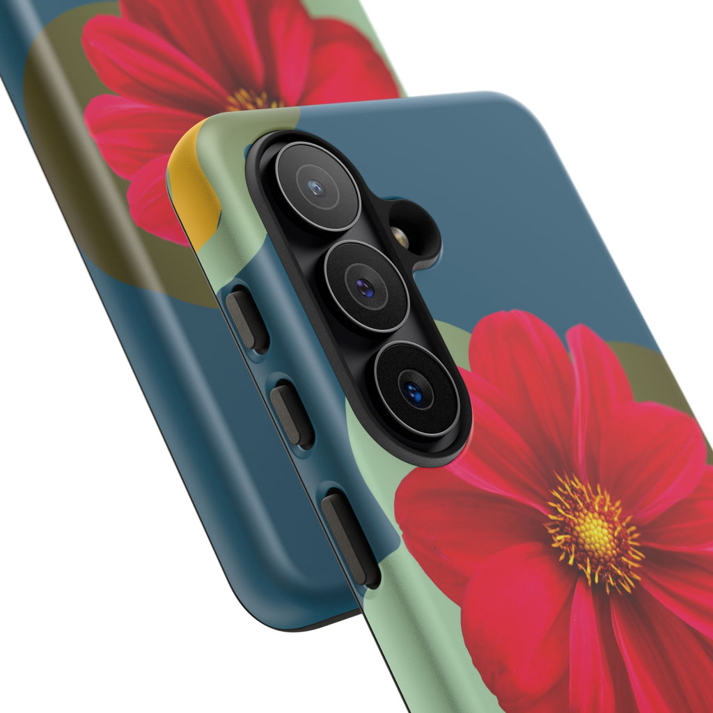 Floral Burst Tough Phone Case — Red Flower on Teal Protective Cover