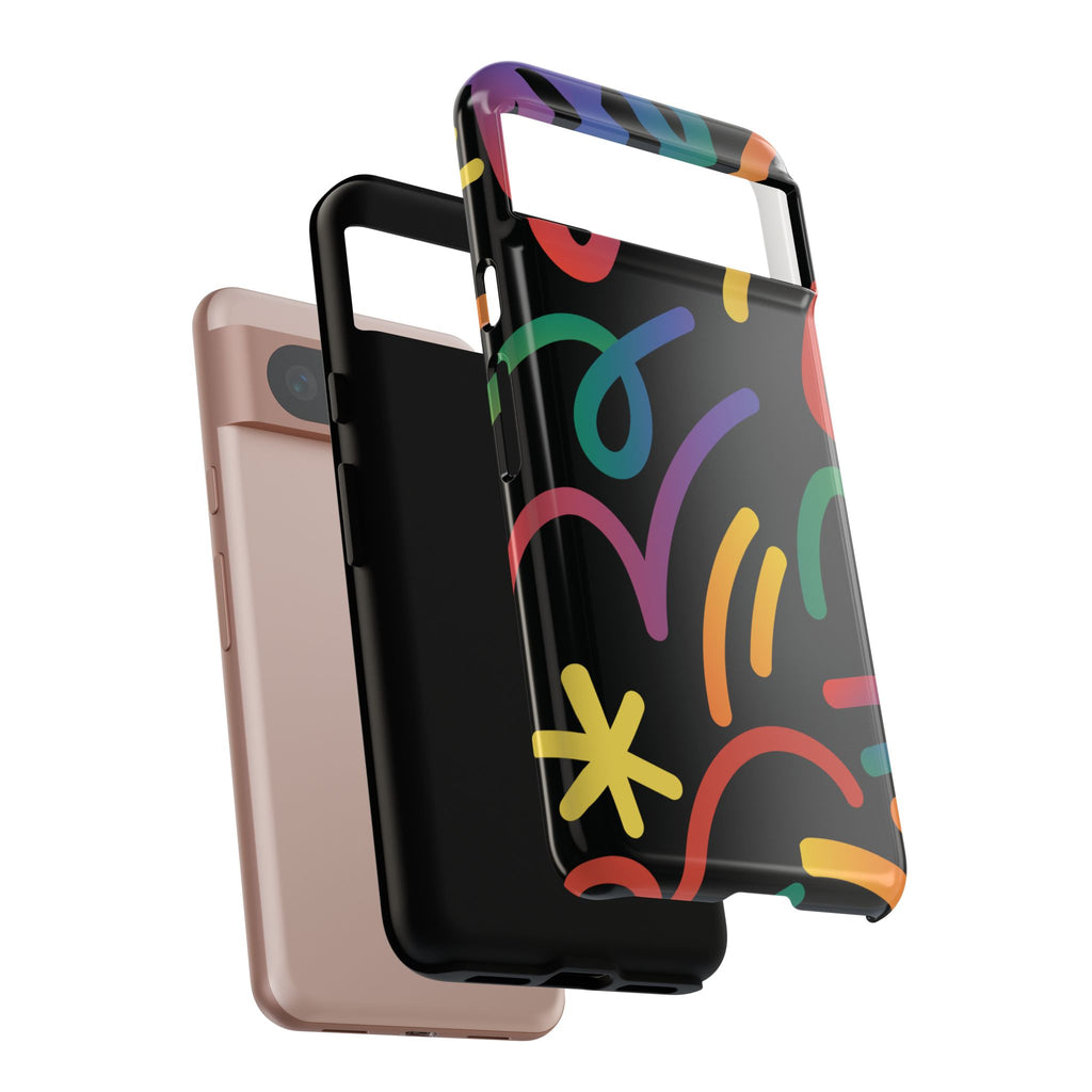 Colorful Doodle Tough Phone Case — Black Background Protective Cover