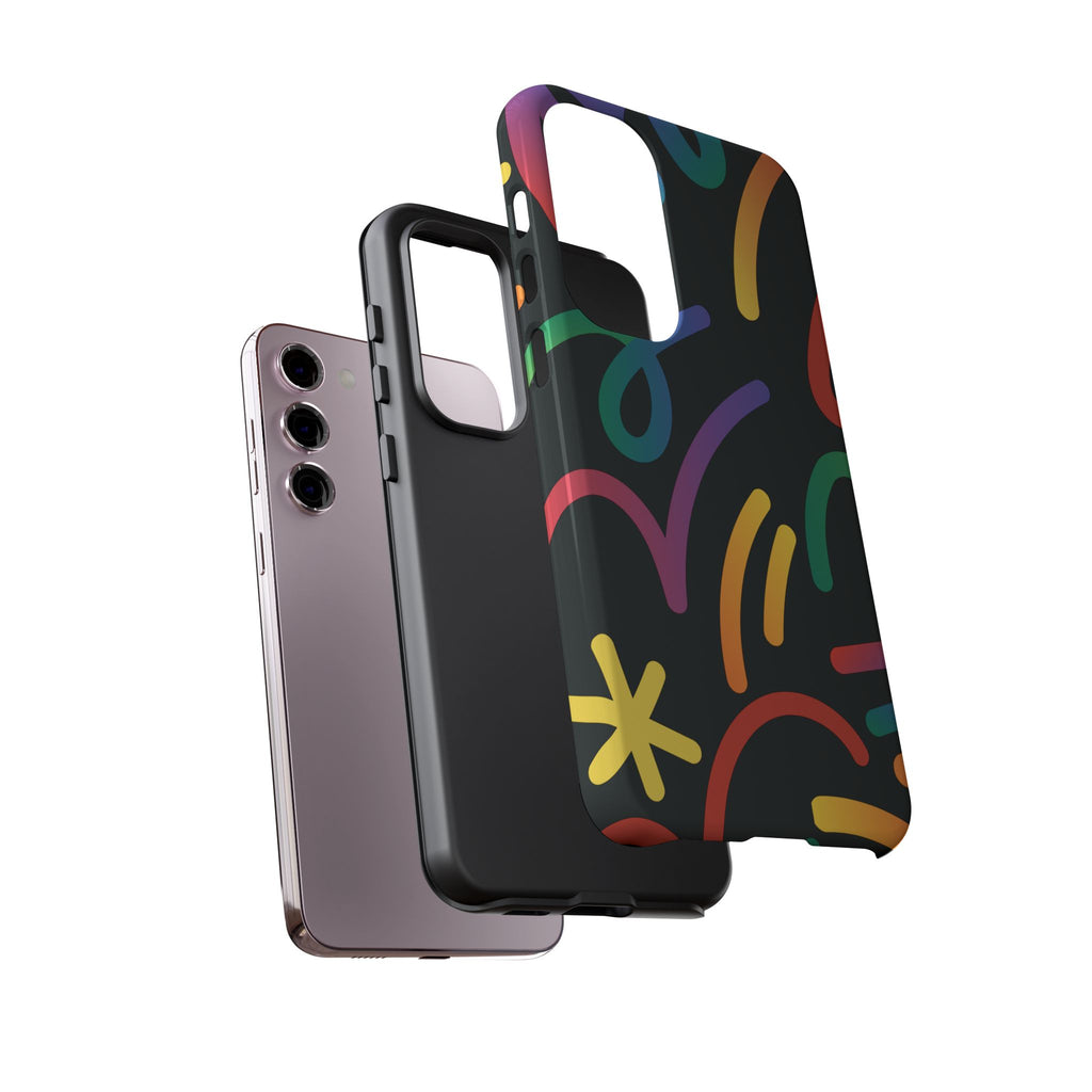 Colorful Doodle Tough Phone Case — Black Background Protective Cover