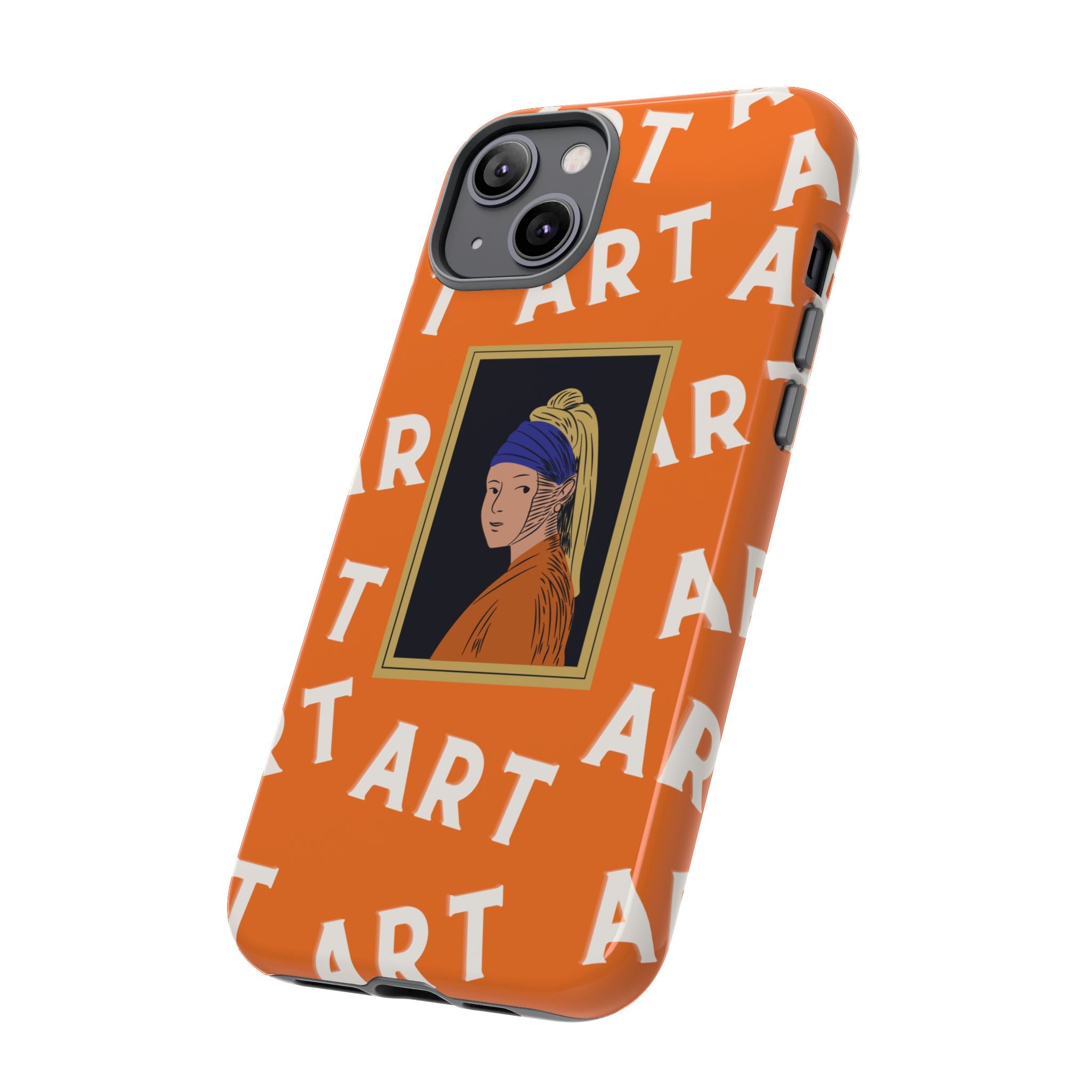 Bold Orange "ART" Pattern with Framed Girl with Pearl Earring Illustration