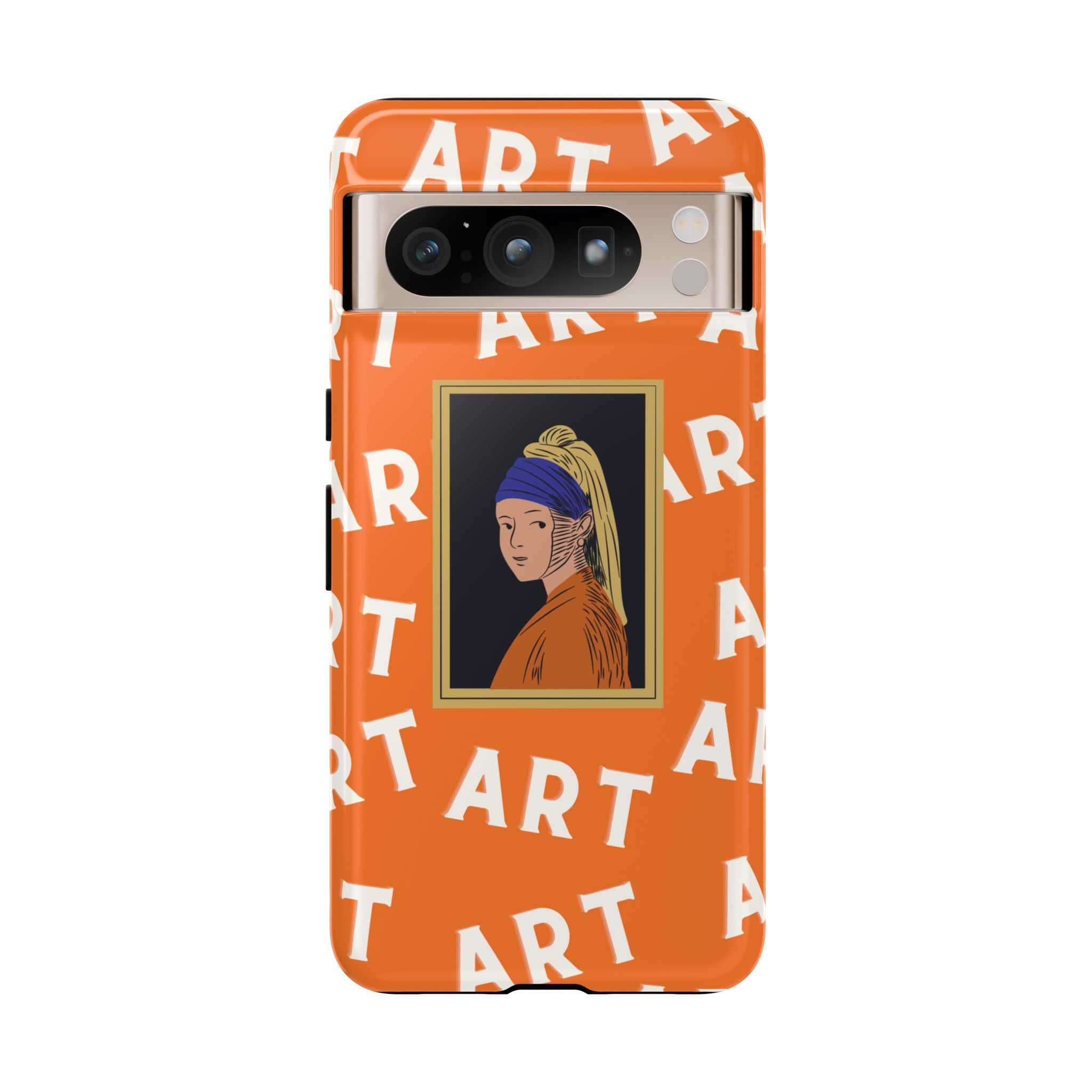 Bold Orange "ART" Pattern with Framed Girl with Pearl Earring Illustration