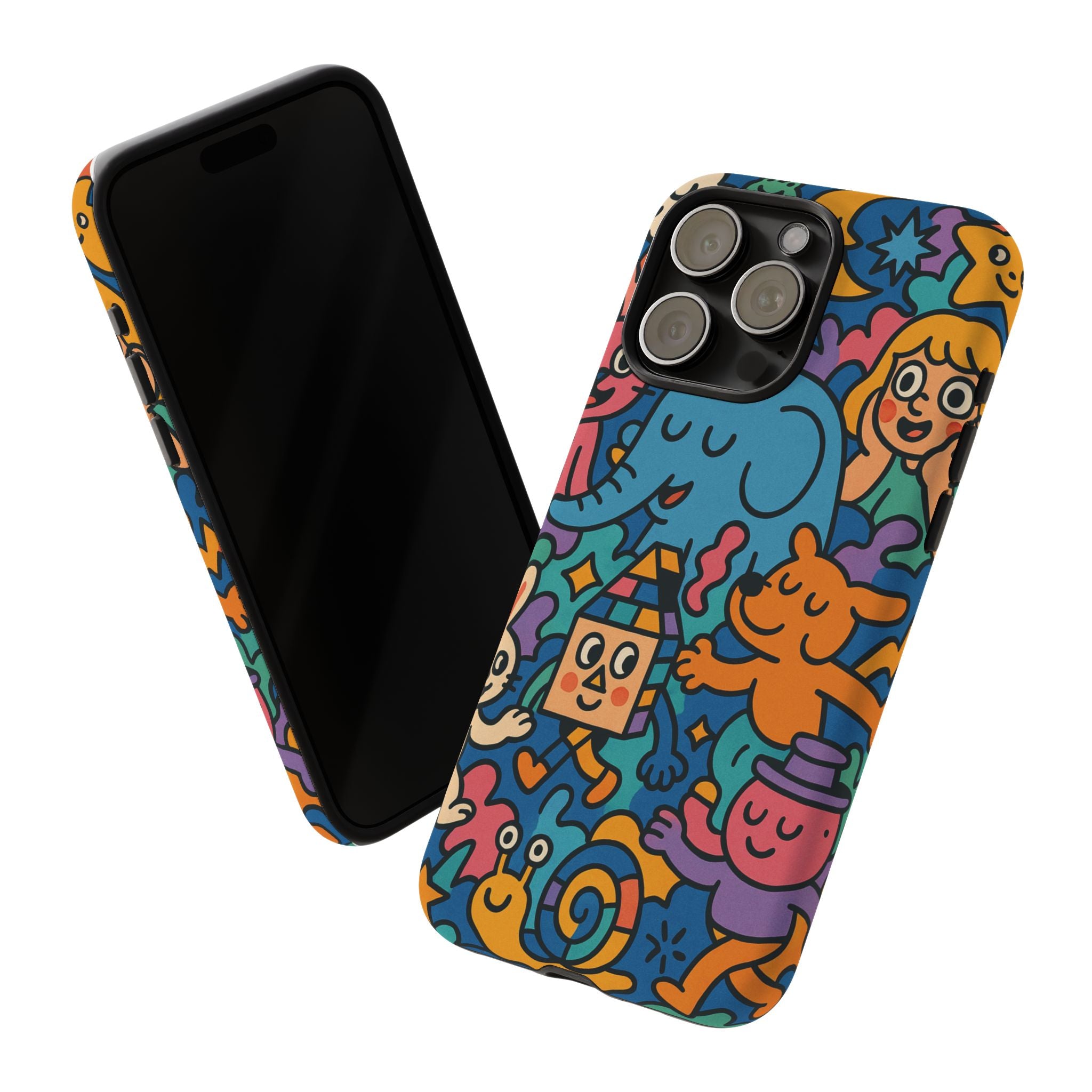 Colorful Doodle Phone Case — Cute Cartoon Animals & Characters