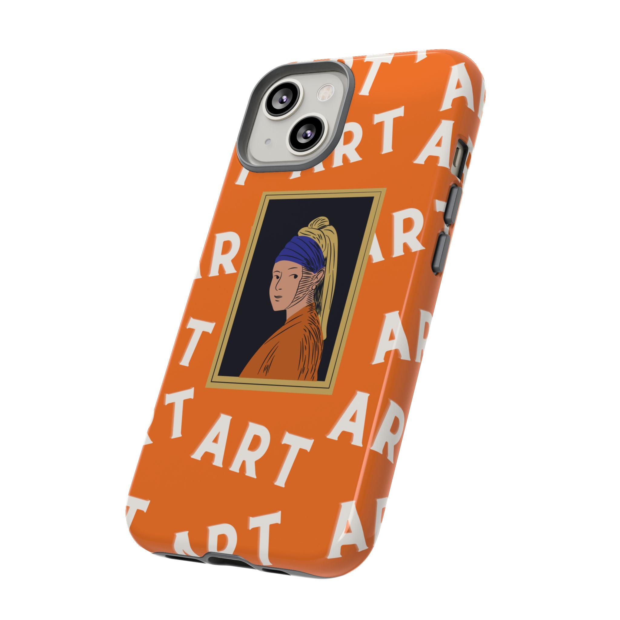 Bold Orange "ART" Pattern with Framed Girl with Pearl Earring Illustration