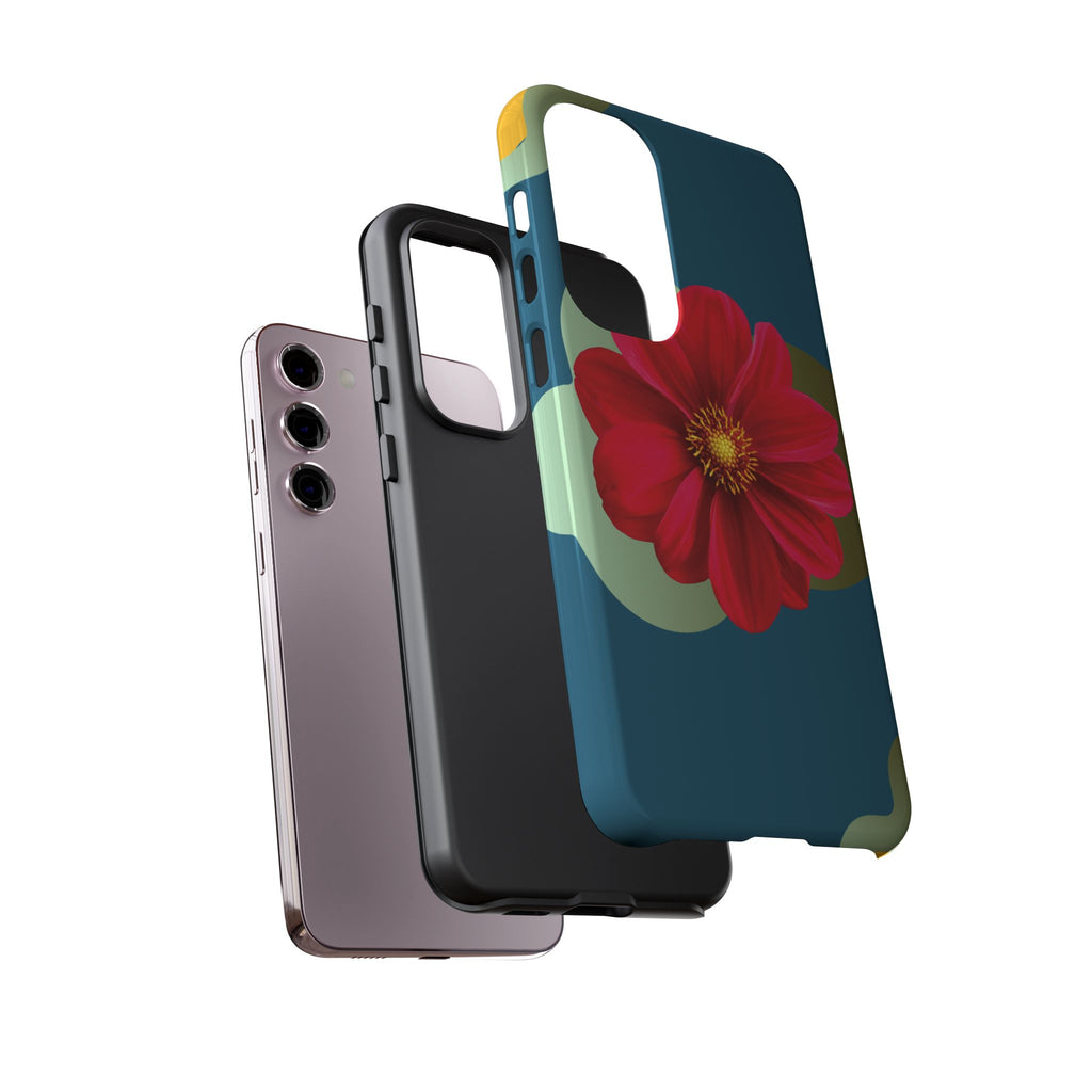Floral Burst Tough Phone Case — Red Flower on Teal Protective Cover
