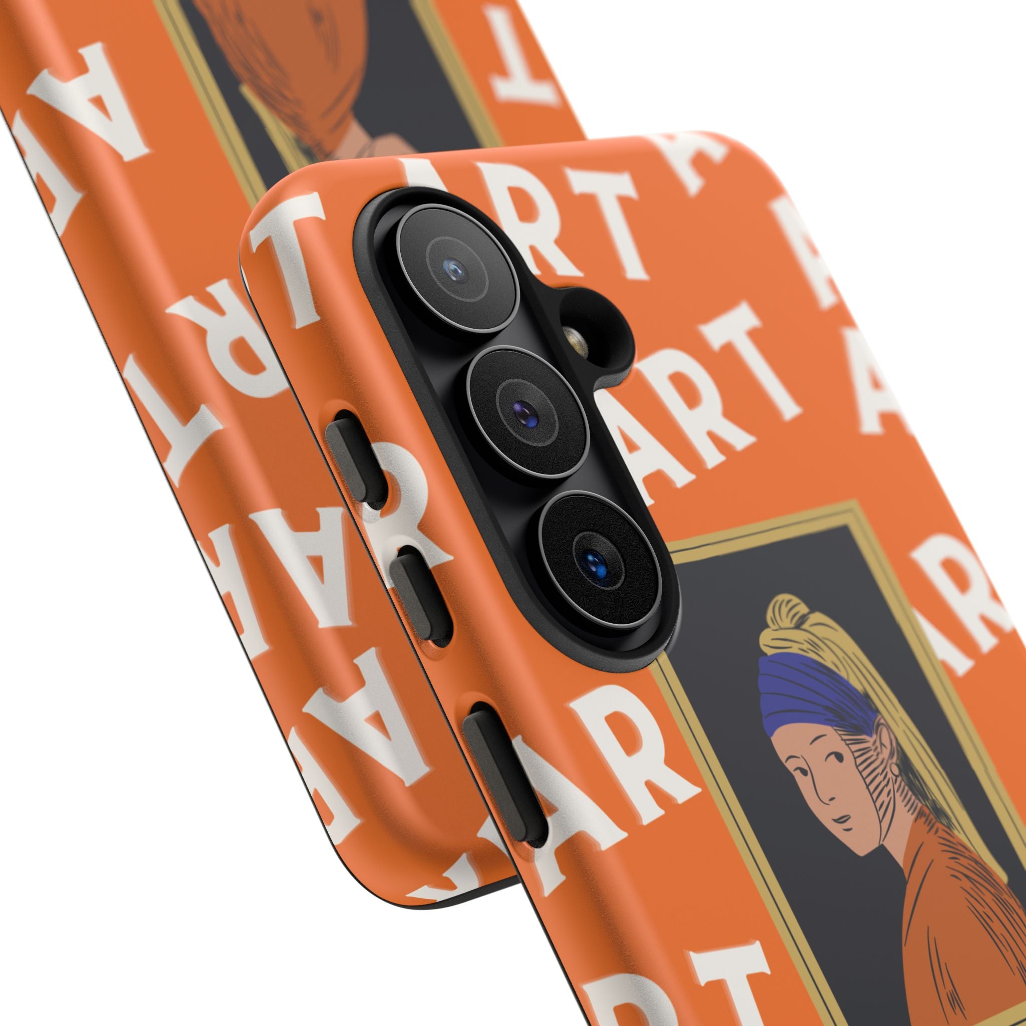 Bold Orange "ART" Pattern with Framed Girl with Pearl Earring Illustration