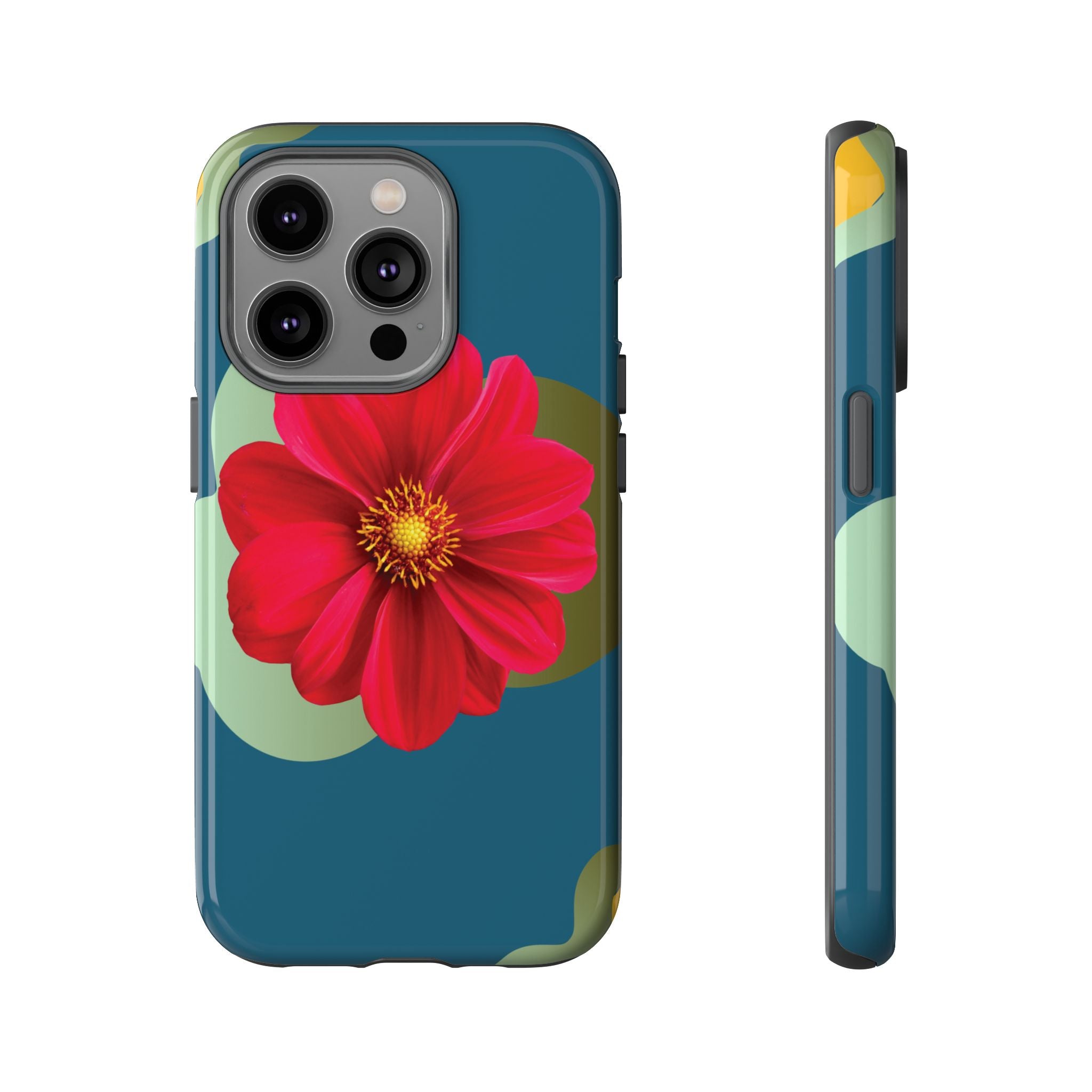 Floral Burst Tough Phone Case — Red Flower on Teal Protective Cover