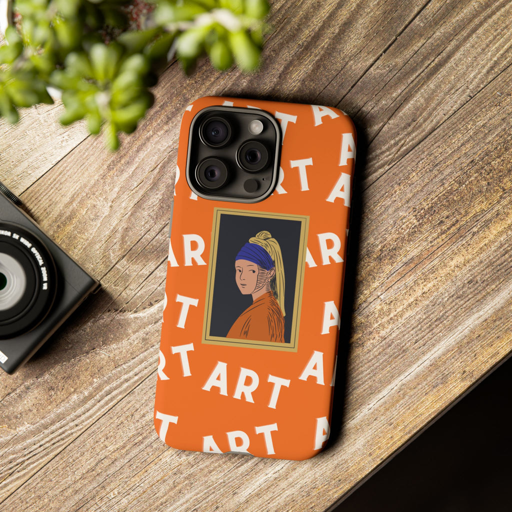 Bold Orange "ART" Pattern with Framed Girl with Pearl Earring Illustration