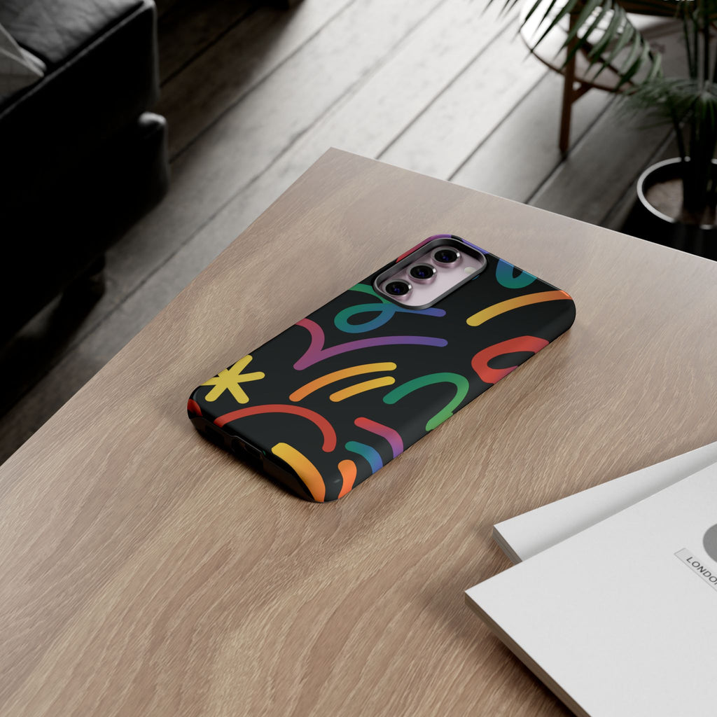 Colorful Doodle Tough Phone Case — Black Background Protective Cover