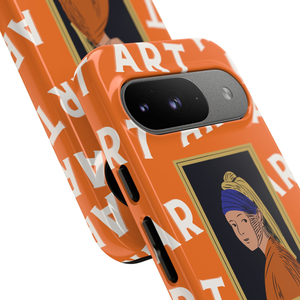 Bold Orange "ART" Pattern with Framed Girl with Pearl Earring Illustration