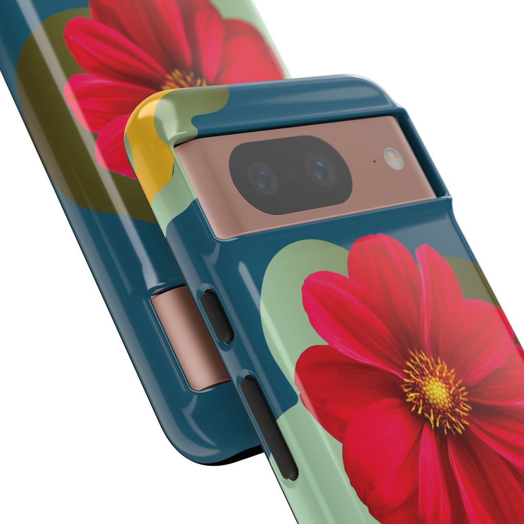 Floral Burst Tough Phone Case — Red Flower on Teal Protective Cover