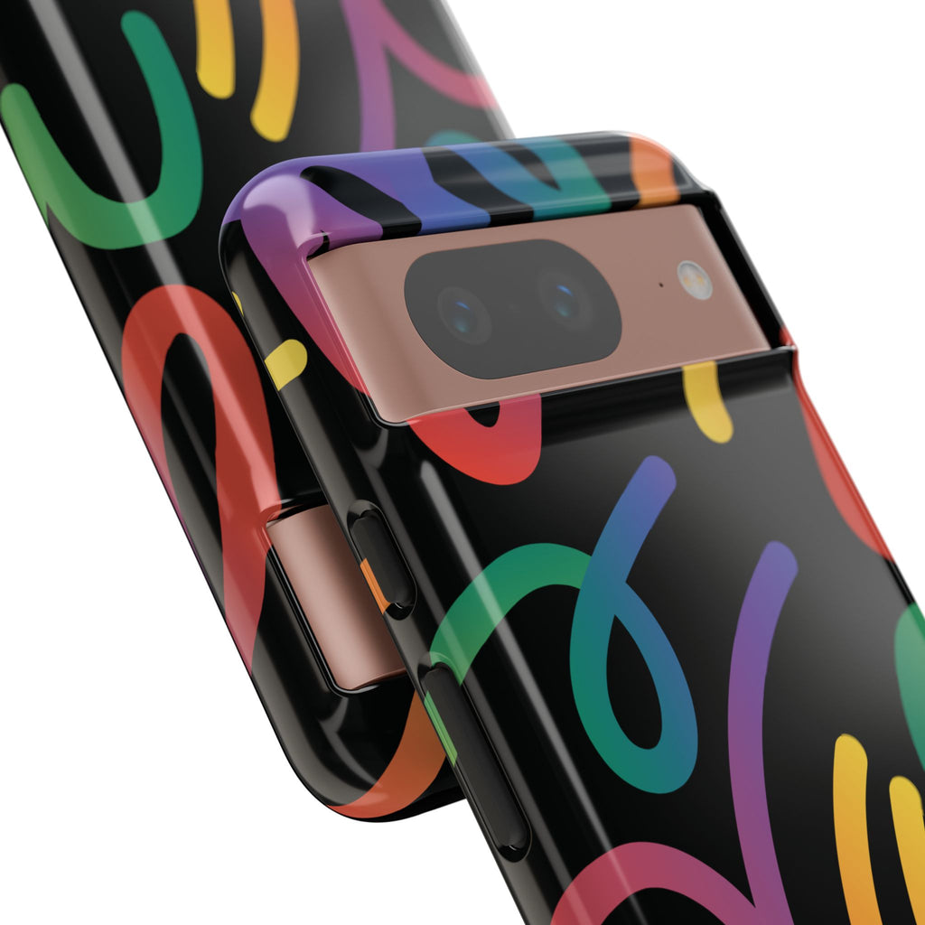 Colorful Doodle Tough Phone Case — Black Background Protective Cover