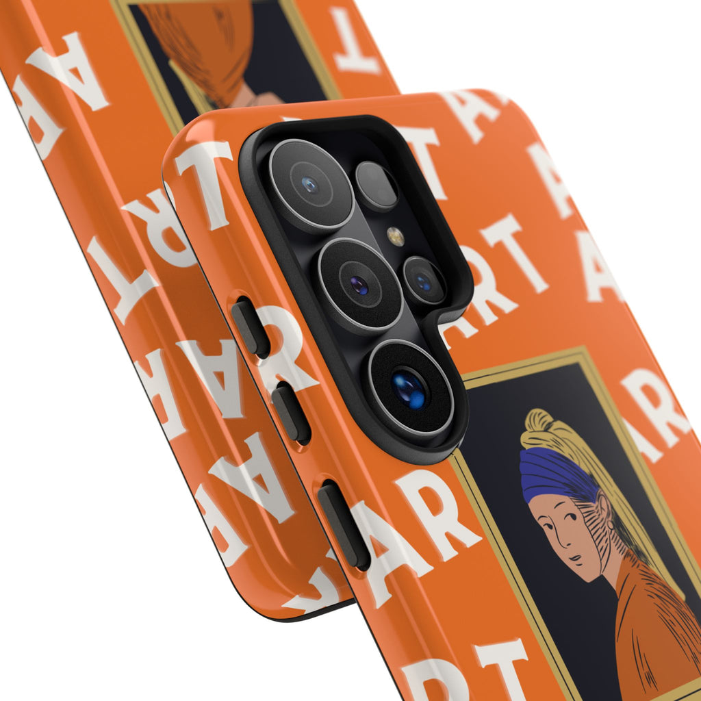 Bold Orange "ART" Pattern with Framed Girl with Pearl Earring Illustration