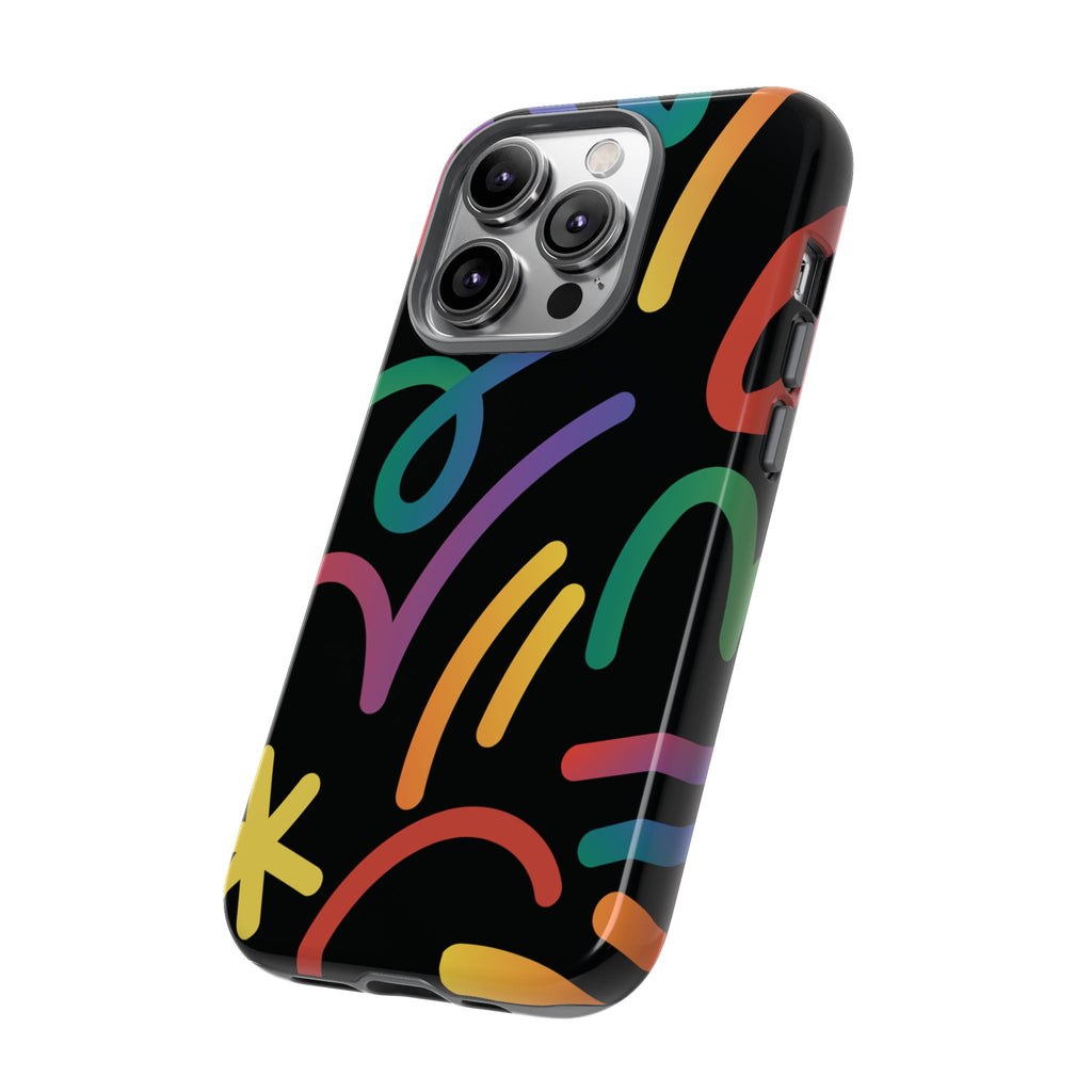 Colorful Doodle Tough Phone Case — Black Background Protective Cover
