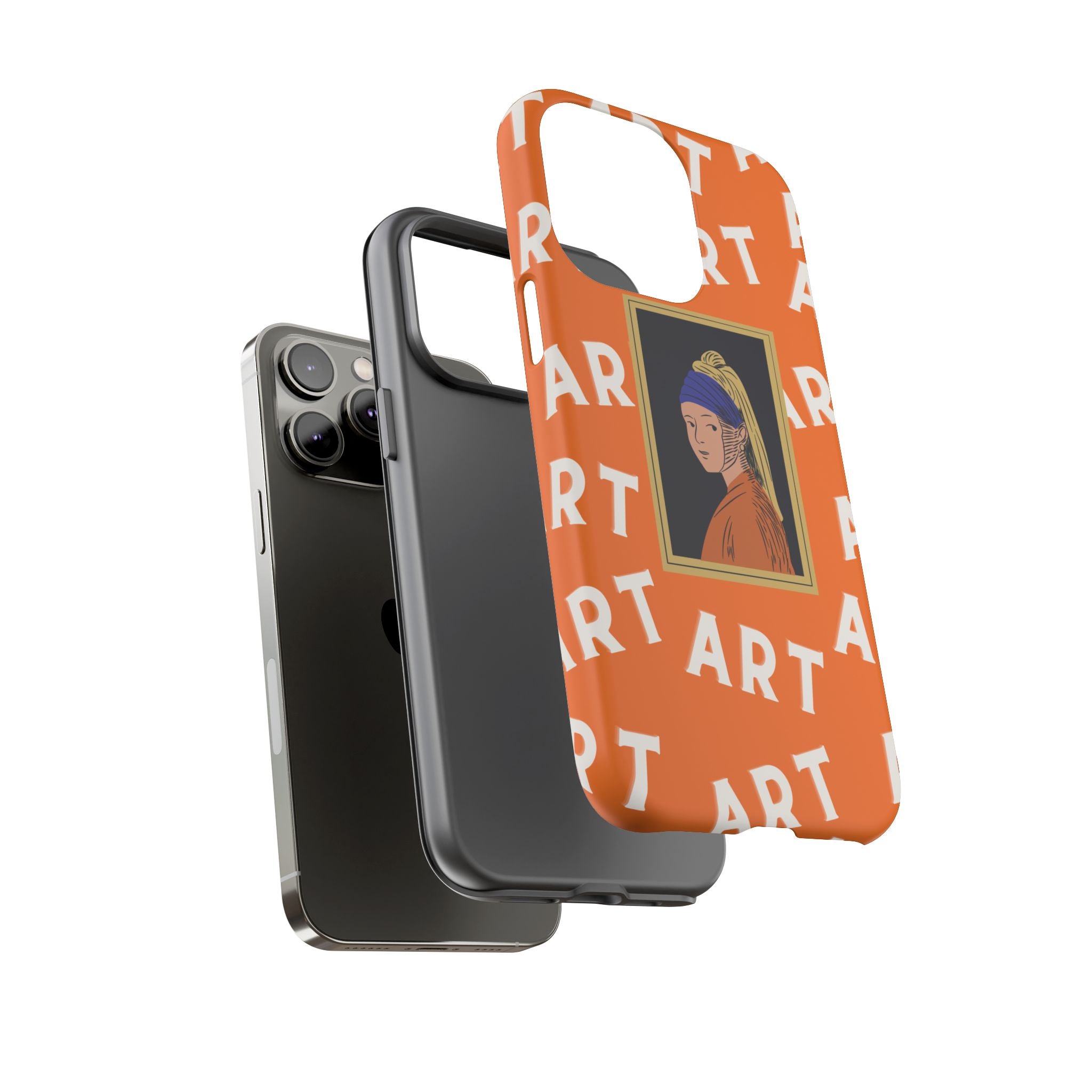 Bold Orange "ART" Pattern with Framed Girl with Pearl Earring Illustration