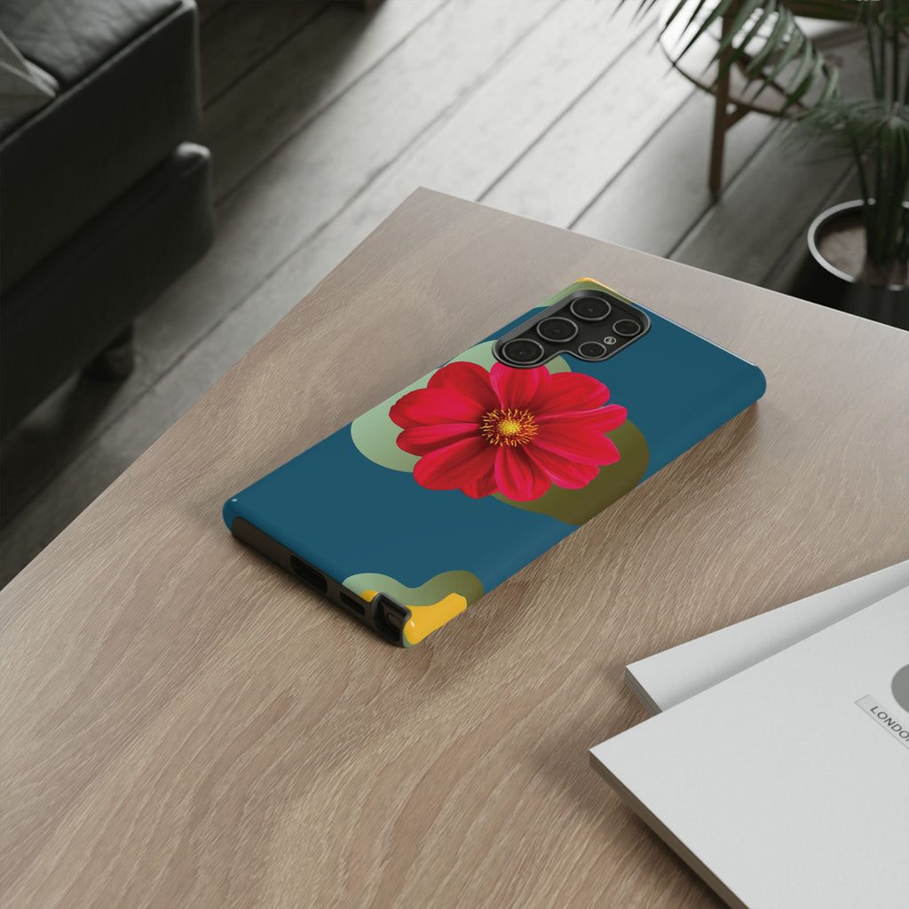 Floral Burst Tough Phone Case — Red Flower on Teal Protective Cover