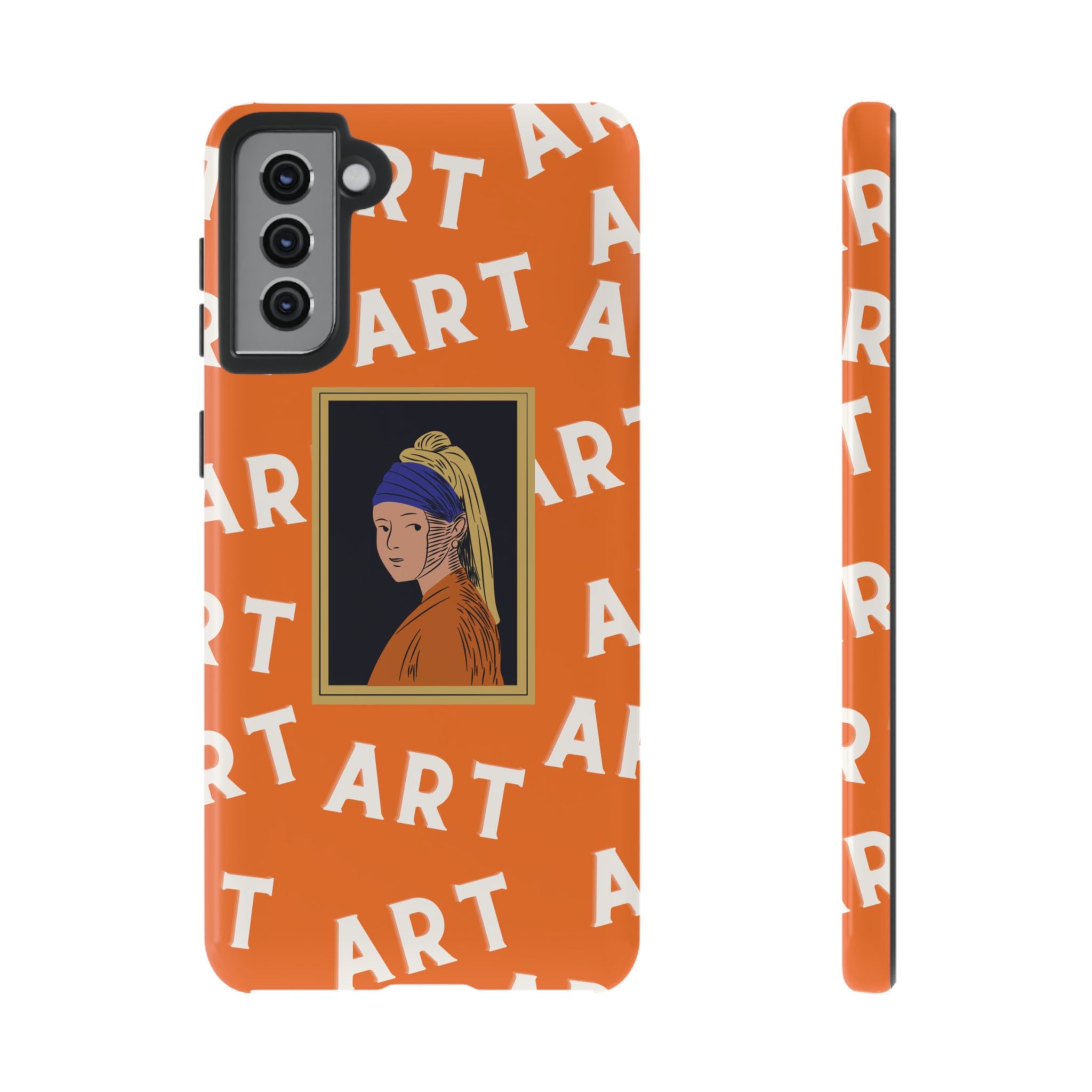 Bold Orange "ART" Pattern with Framed Girl with Pearl Earring Illustration