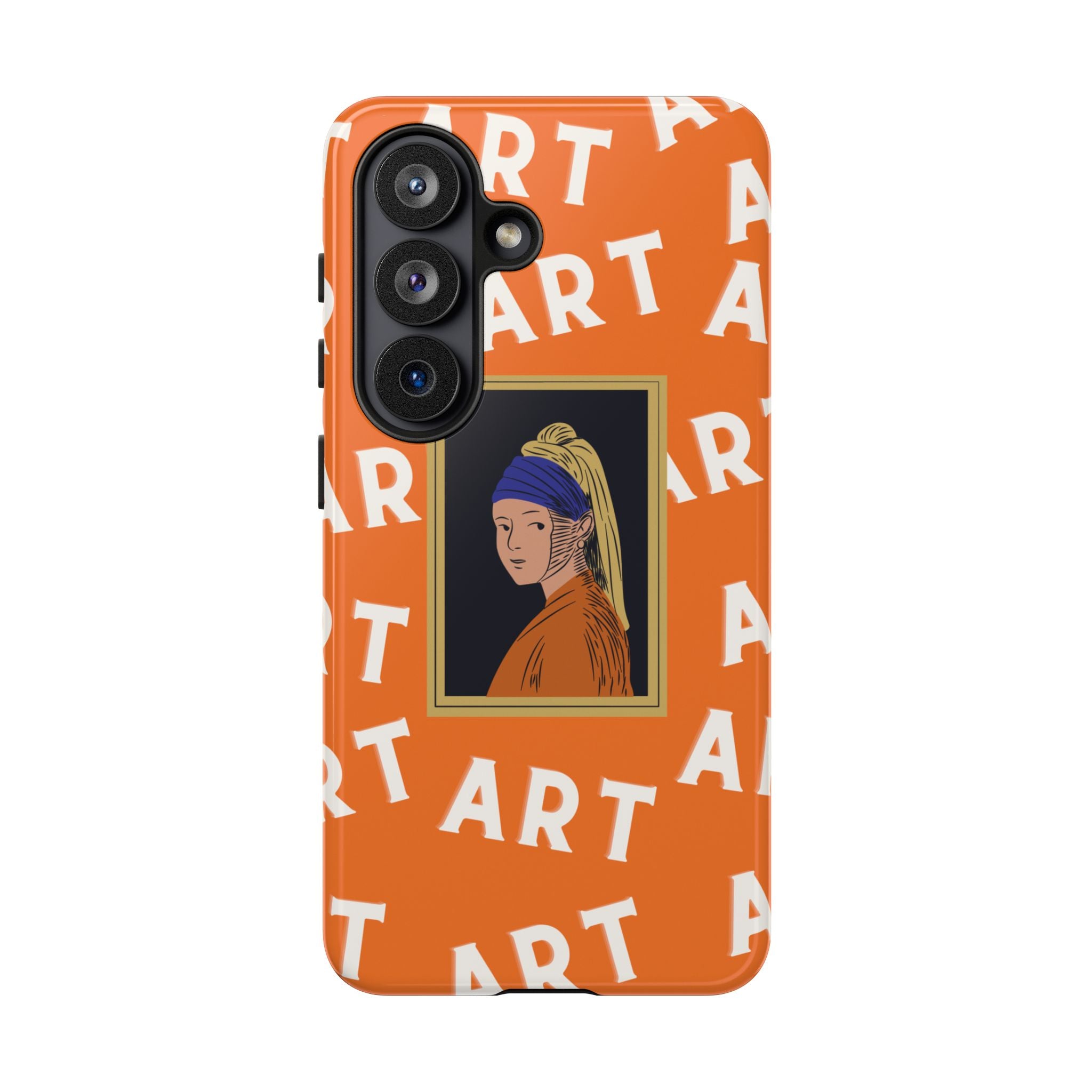 Bold Orange "ART" Pattern with Framed Girl with Pearl Earring Illustration