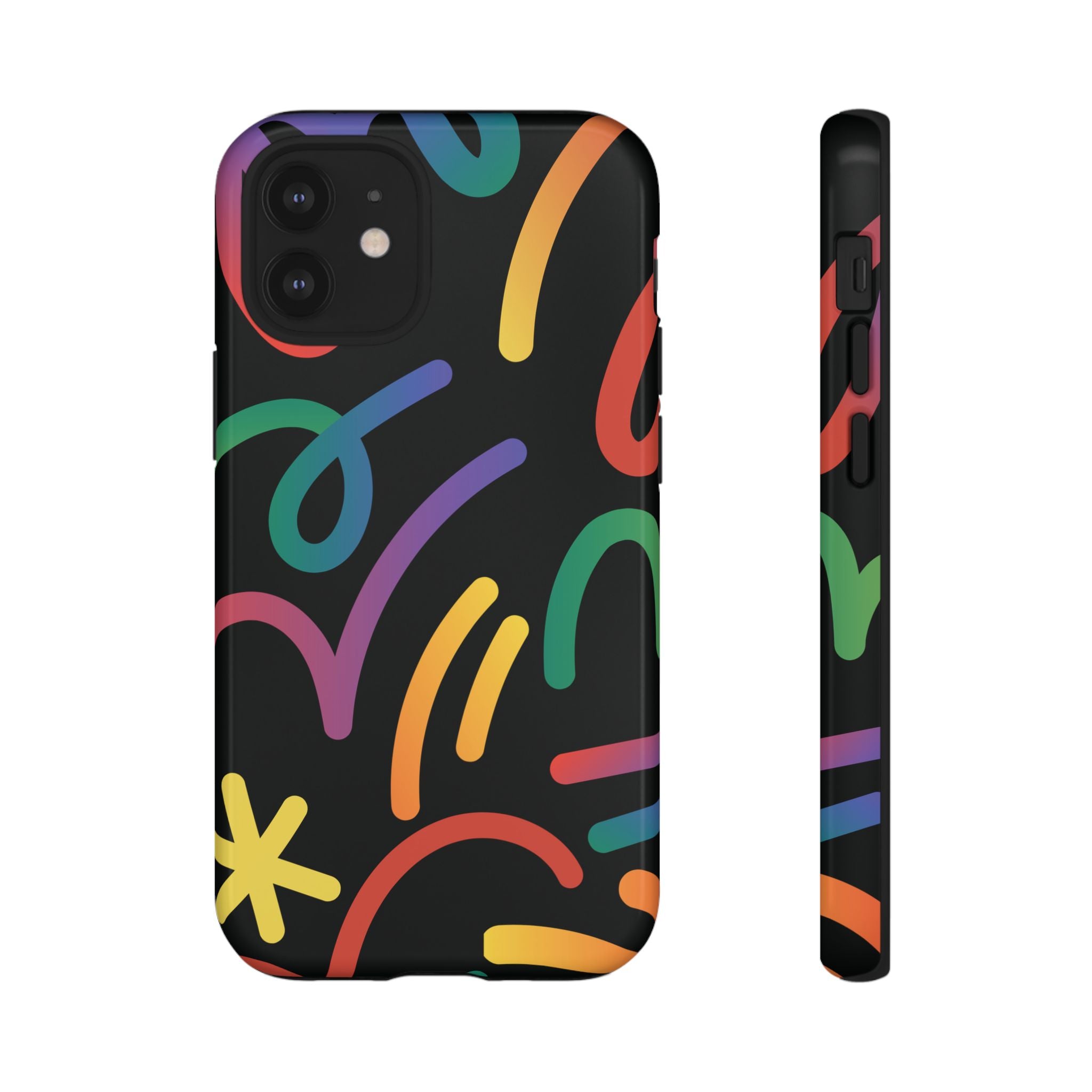 Colorful Doodle Tough Phone Case — Black Background Protective Cover