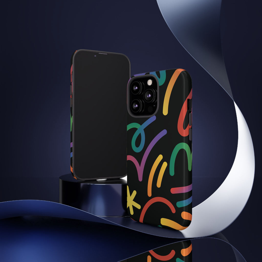 Colorful Doodle Tough Phone Case — Black Background Protective Cover