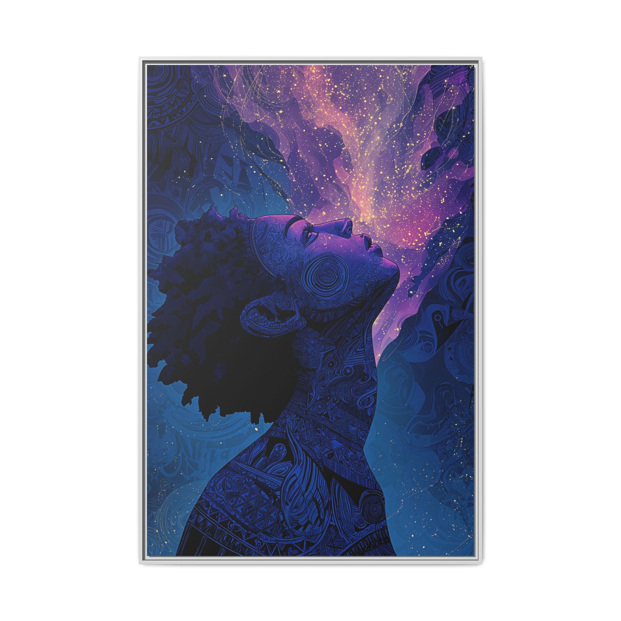 Cosmic Breath Portrait, Multicolor Galaxy Wall Print — Framed Matte Canvas Art