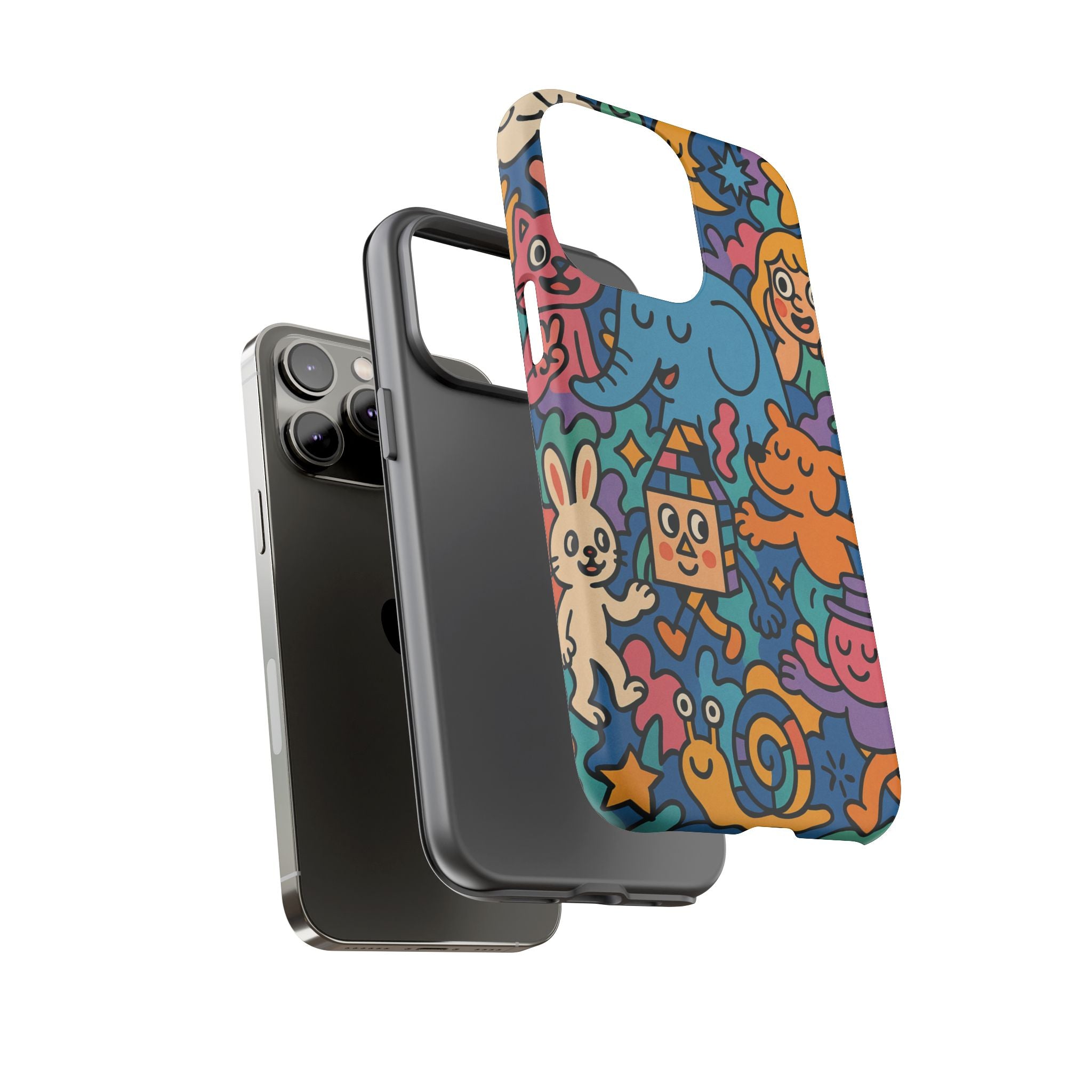 Colorful Doodle Phone Case — Cute Cartoon Animals & Characters