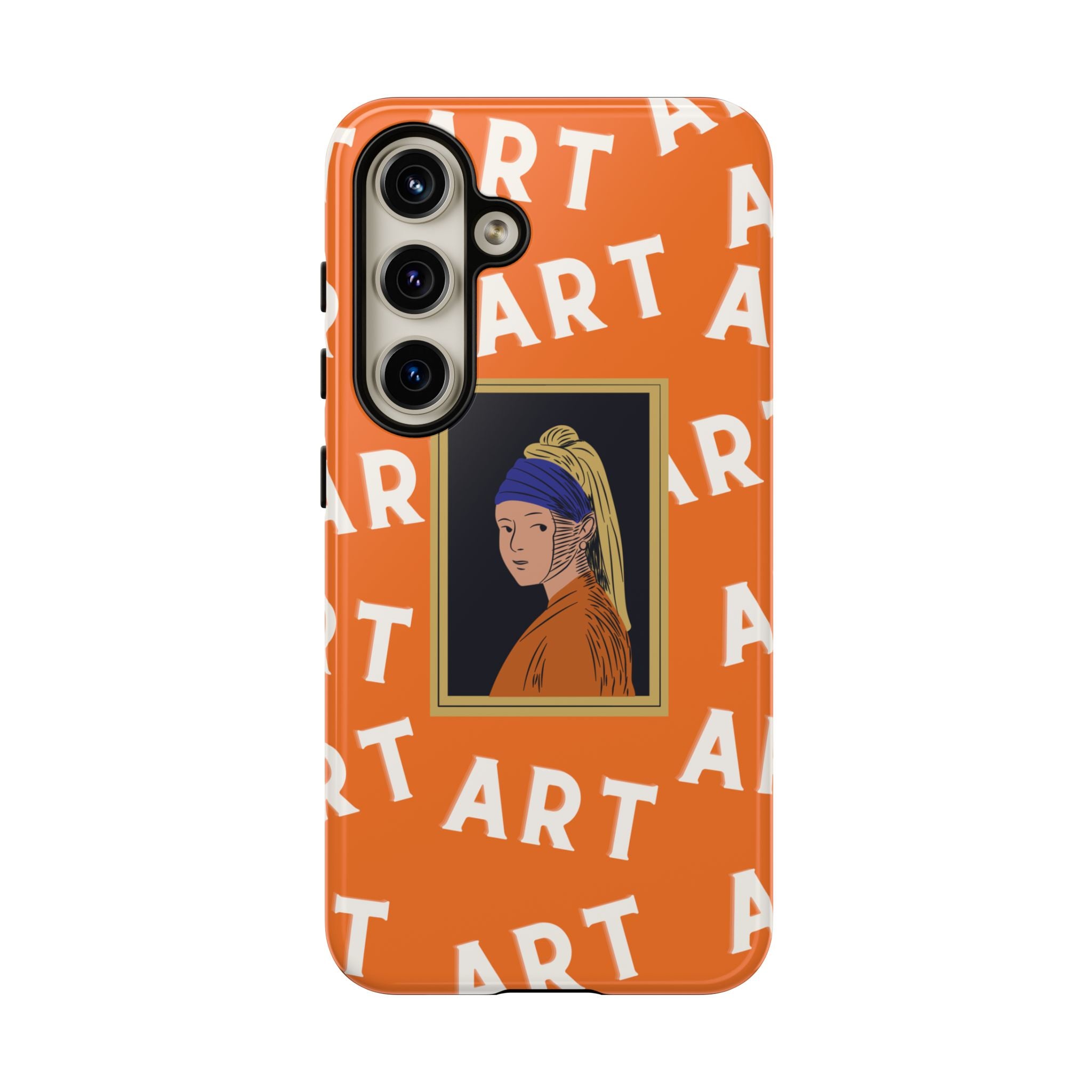 Bold Orange "ART" Pattern with Framed Girl with Pearl Earring Illustration