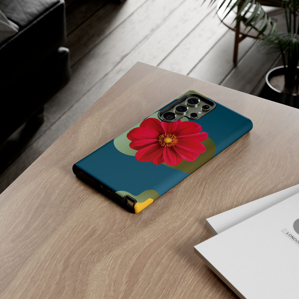 Floral Burst Tough Phone Case — Red Flower on Teal Protective Cover