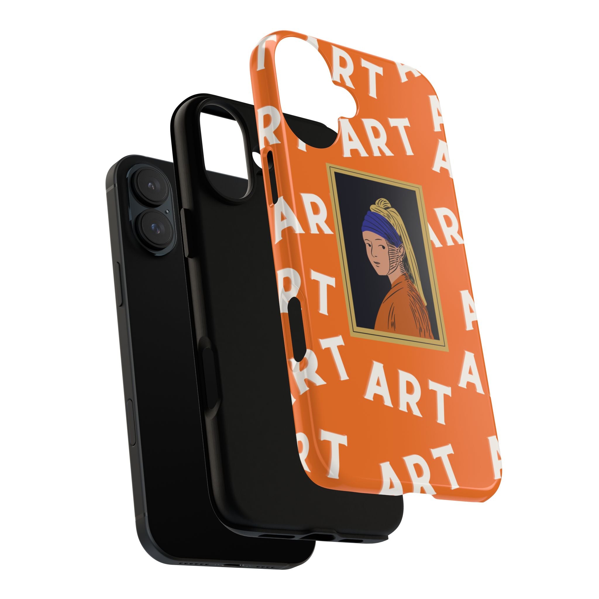 Bold Orange "ART" Pattern with Framed Girl with Pearl Earring Illustration