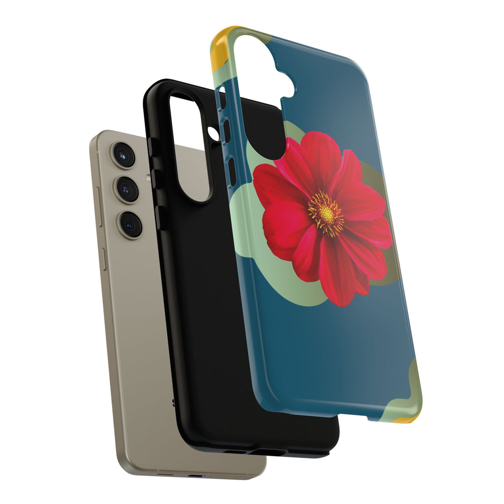 Floral Burst Tough Phone Case — Red Flower on Teal Protective Cover