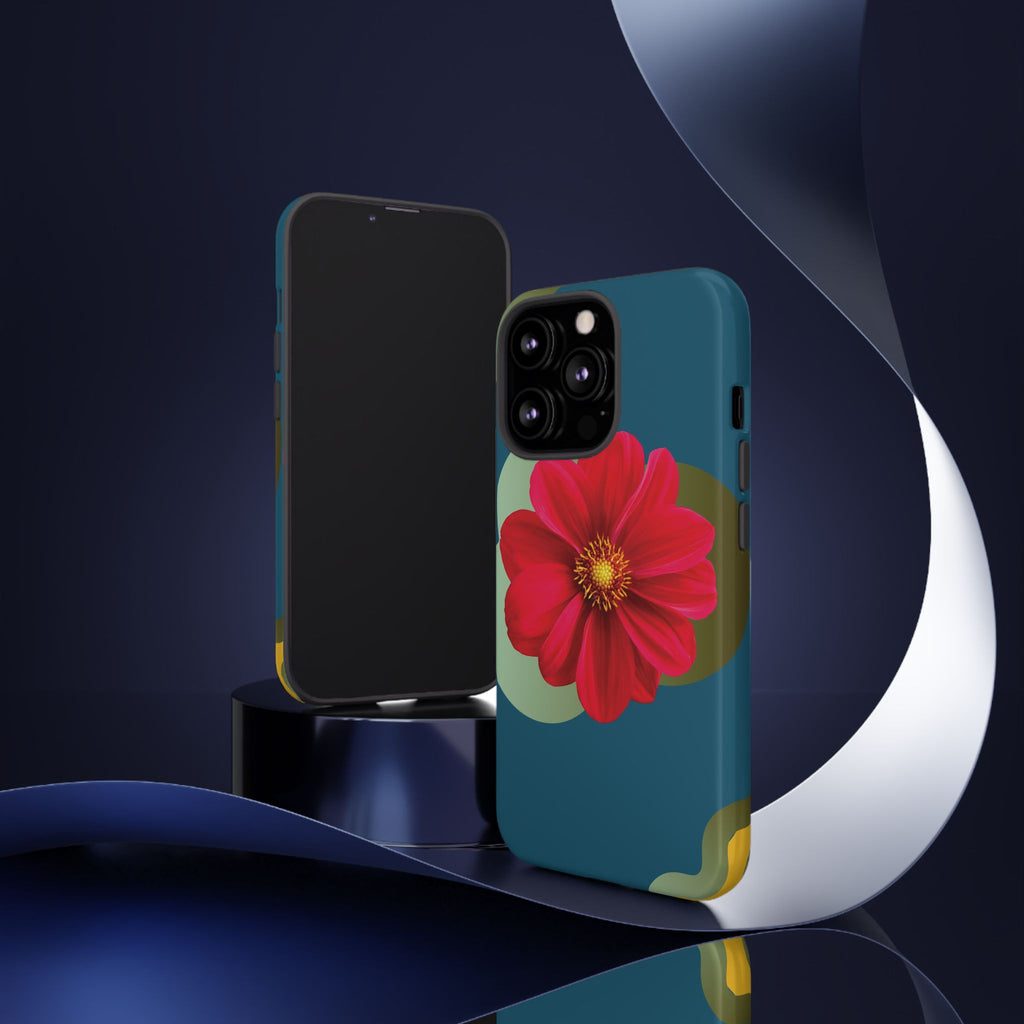 Floral Burst Tough Phone Case — Red Flower on Teal Protective Cover
