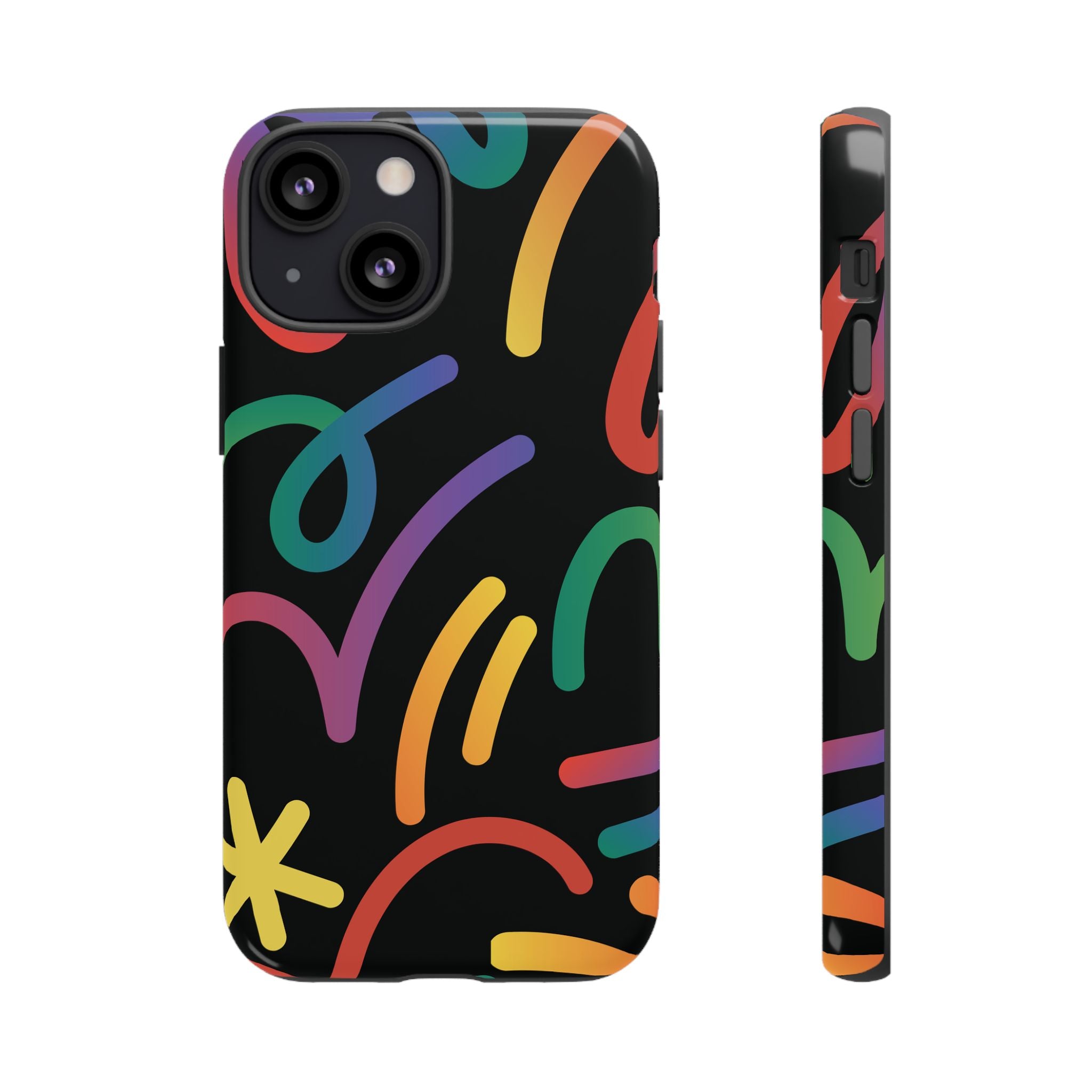 Colorful Doodle Tough Phone Case — Black Background Protective Cover