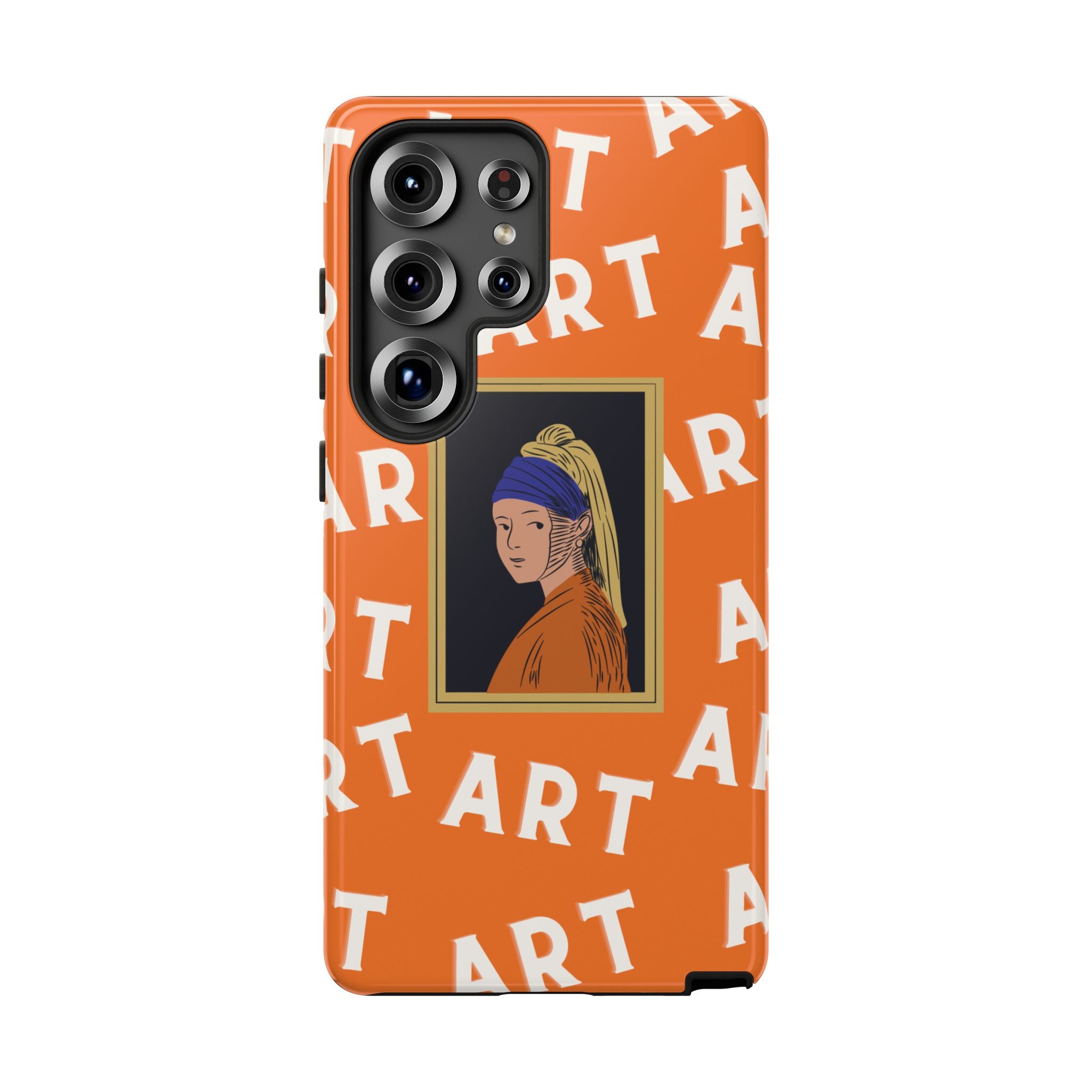 Bold Orange "ART" Pattern with Framed Girl with Pearl Earring Illustration