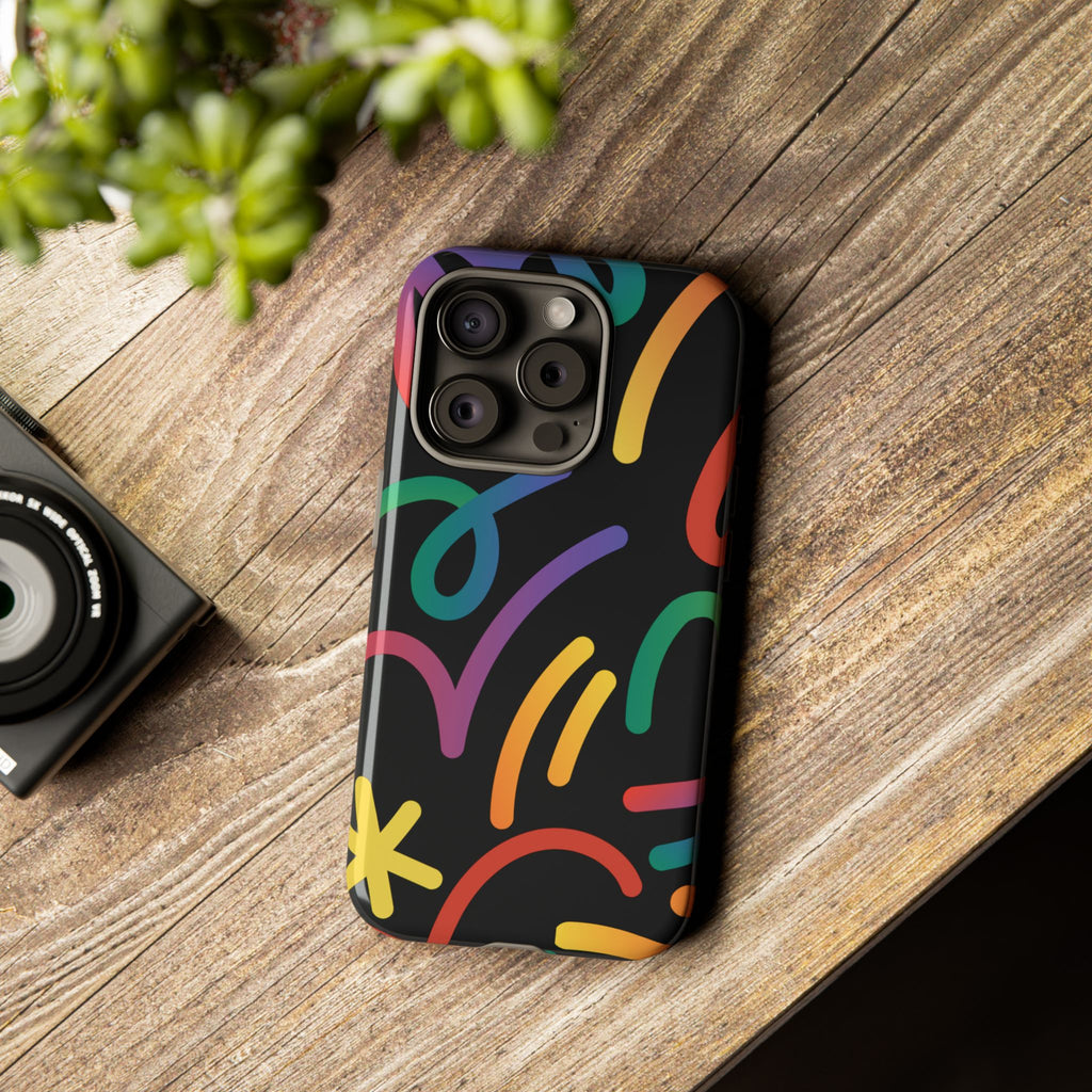 Colorful Doodle Tough Phone Case — Black Background Protective Cover