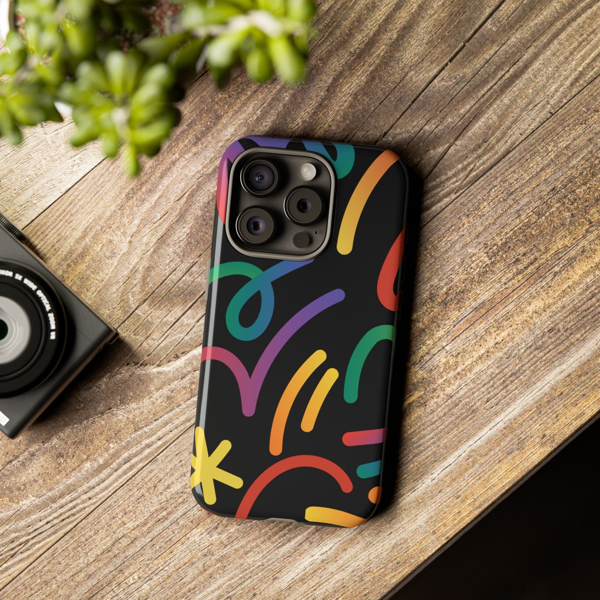 Colorful Doodle Tough Phone Case — Black Background Protective Cover