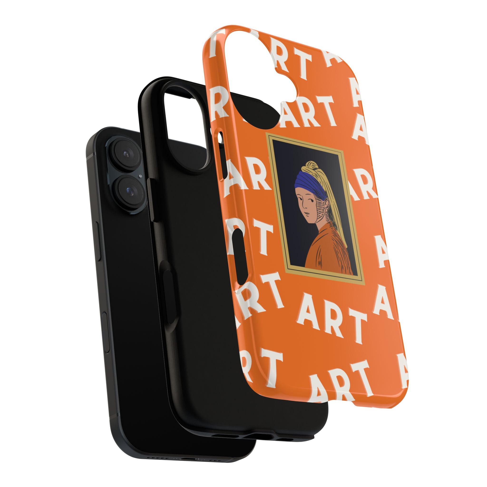 Bold Orange "ART" Pattern with Framed Girl with Pearl Earring Illustration