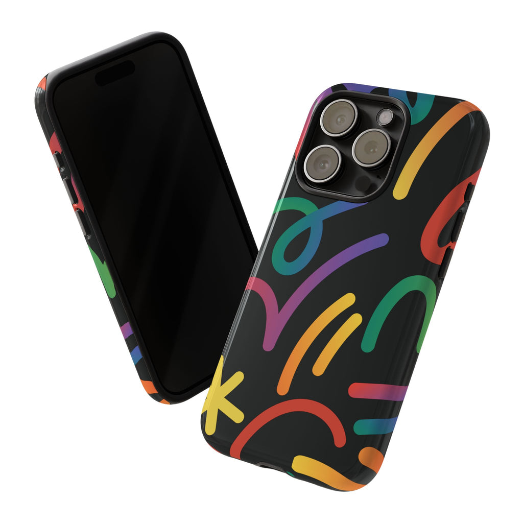 Colorful Doodle Tough Phone Case — Black Background Protective Cover