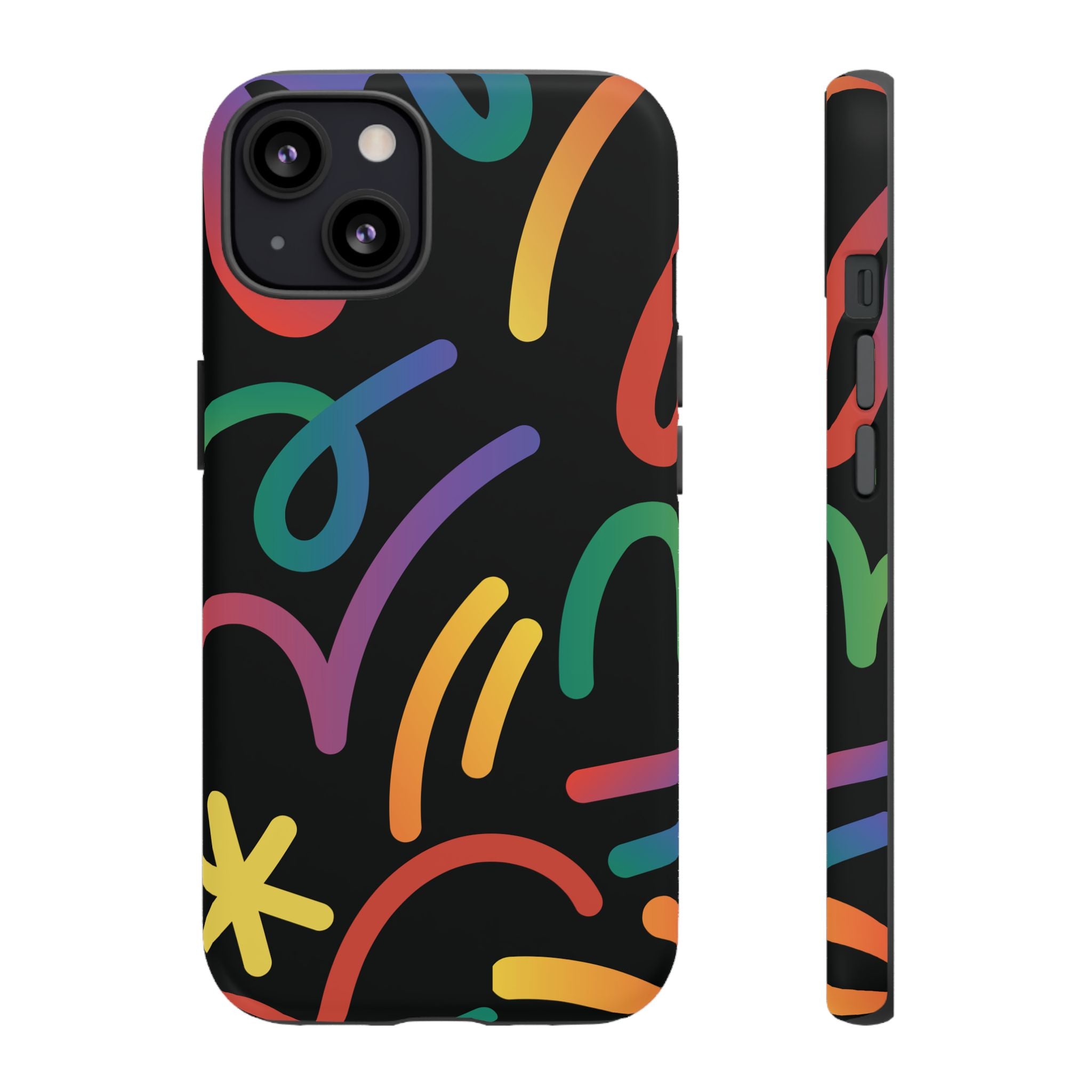 Colorful Doodle Tough Phone Case — Black Background Protective Cover