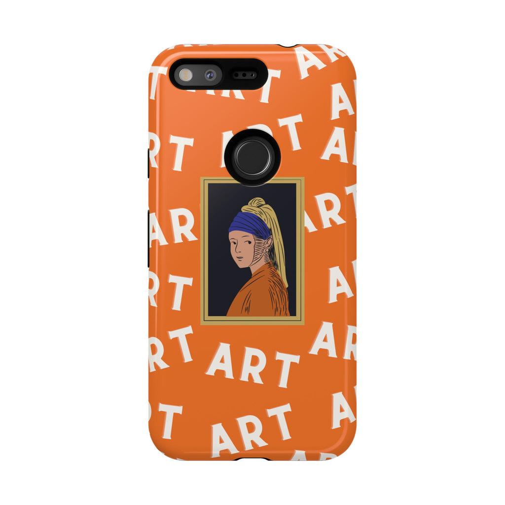 Bold Orange "ART" Pattern with Framed Girl with Pearl Earring Illustration