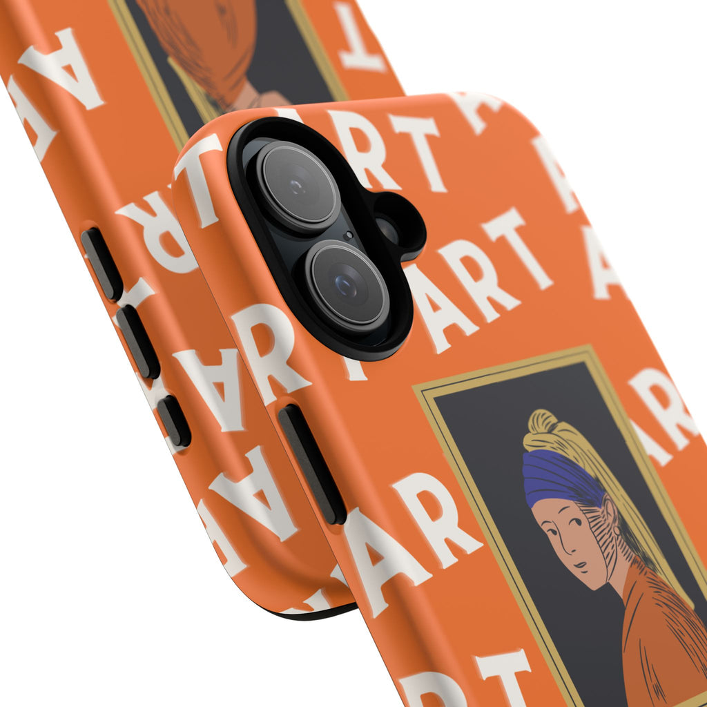 Bold Orange "ART" Pattern with Framed Girl with Pearl Earring Illustration