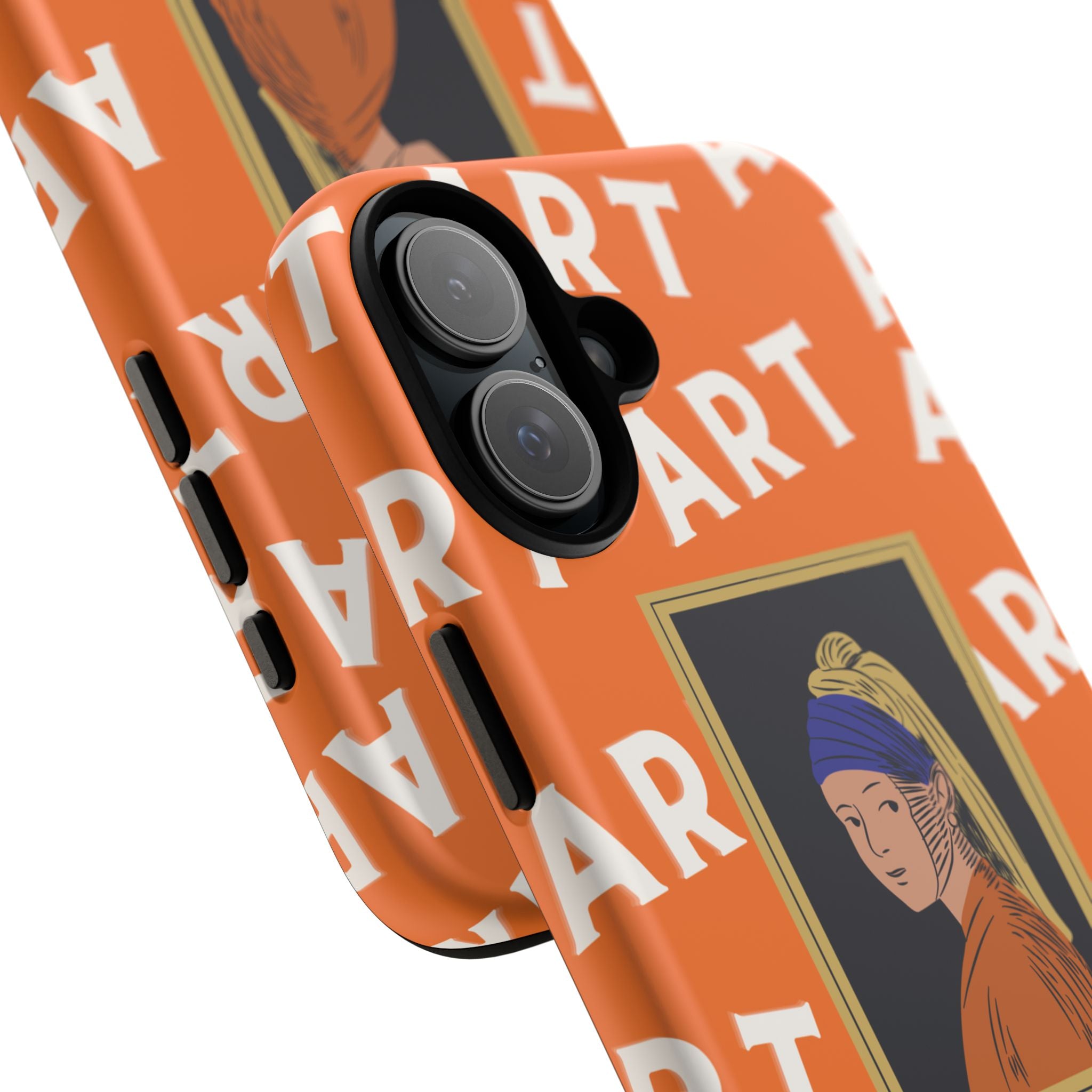 Bold Orange "ART" Pattern with Framed Girl with Pearl Earring Illustration
