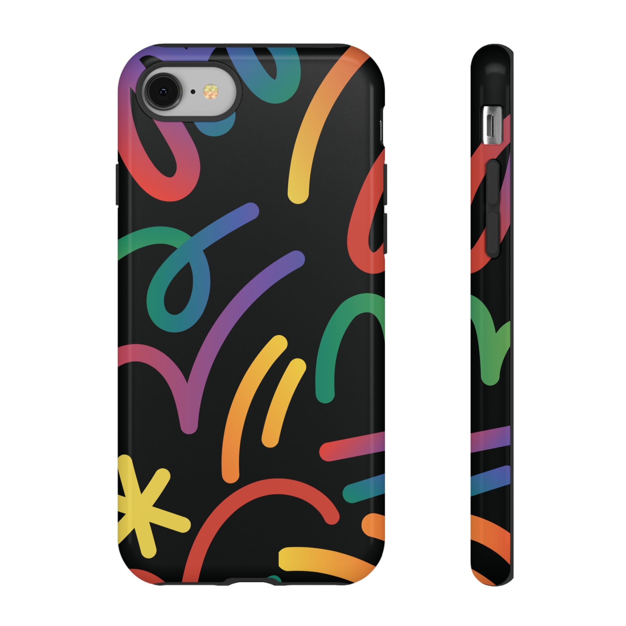 Colorful Doodle Tough Phone Case — Black Background Protective Cover