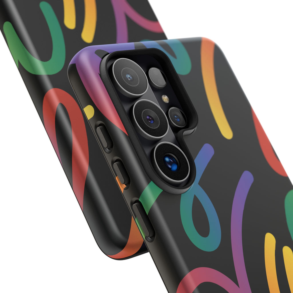 Colorful Doodle Tough Phone Case — Black Background Protective Cover