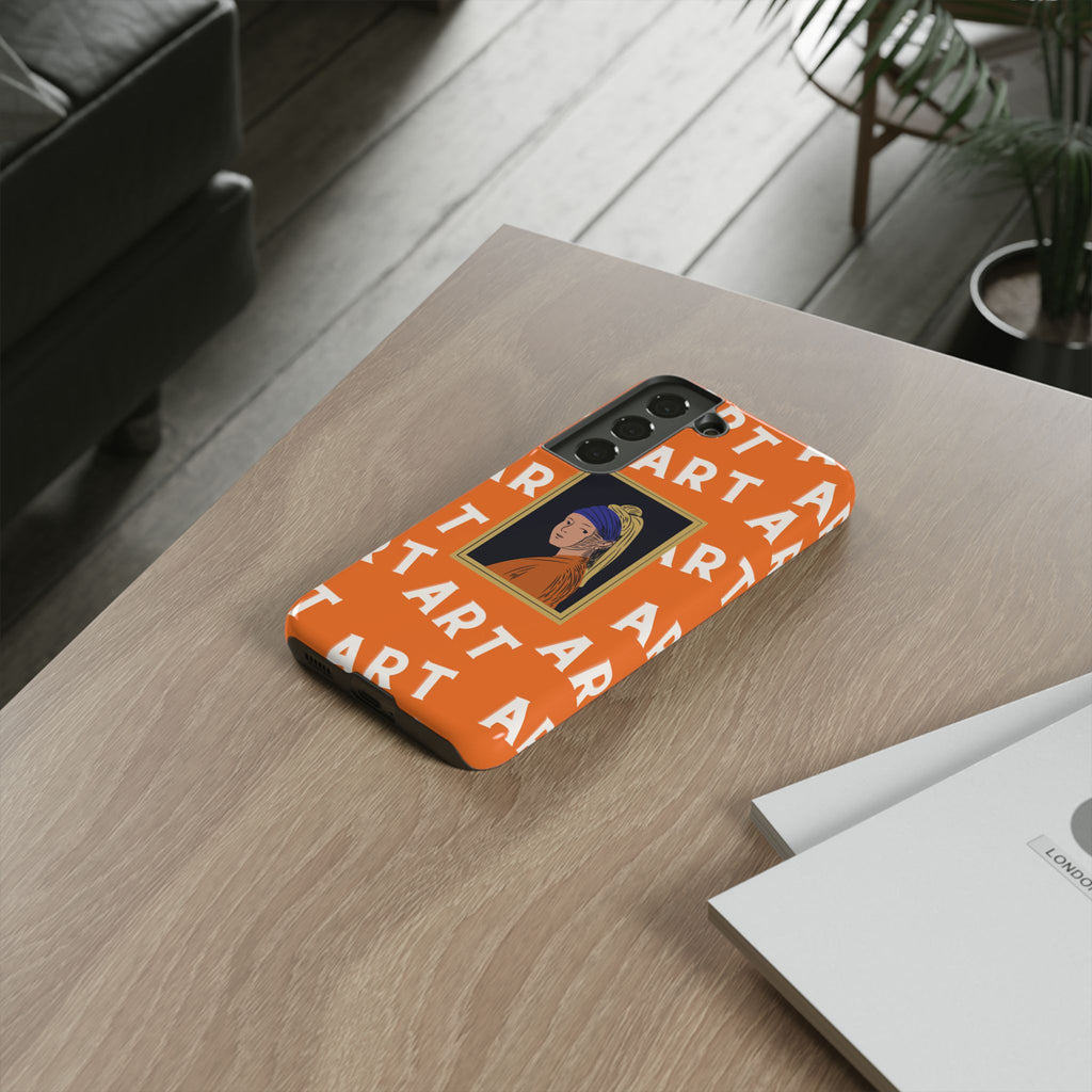 Bold Orange "ART" Pattern with Framed Girl with Pearl Earring Illustration