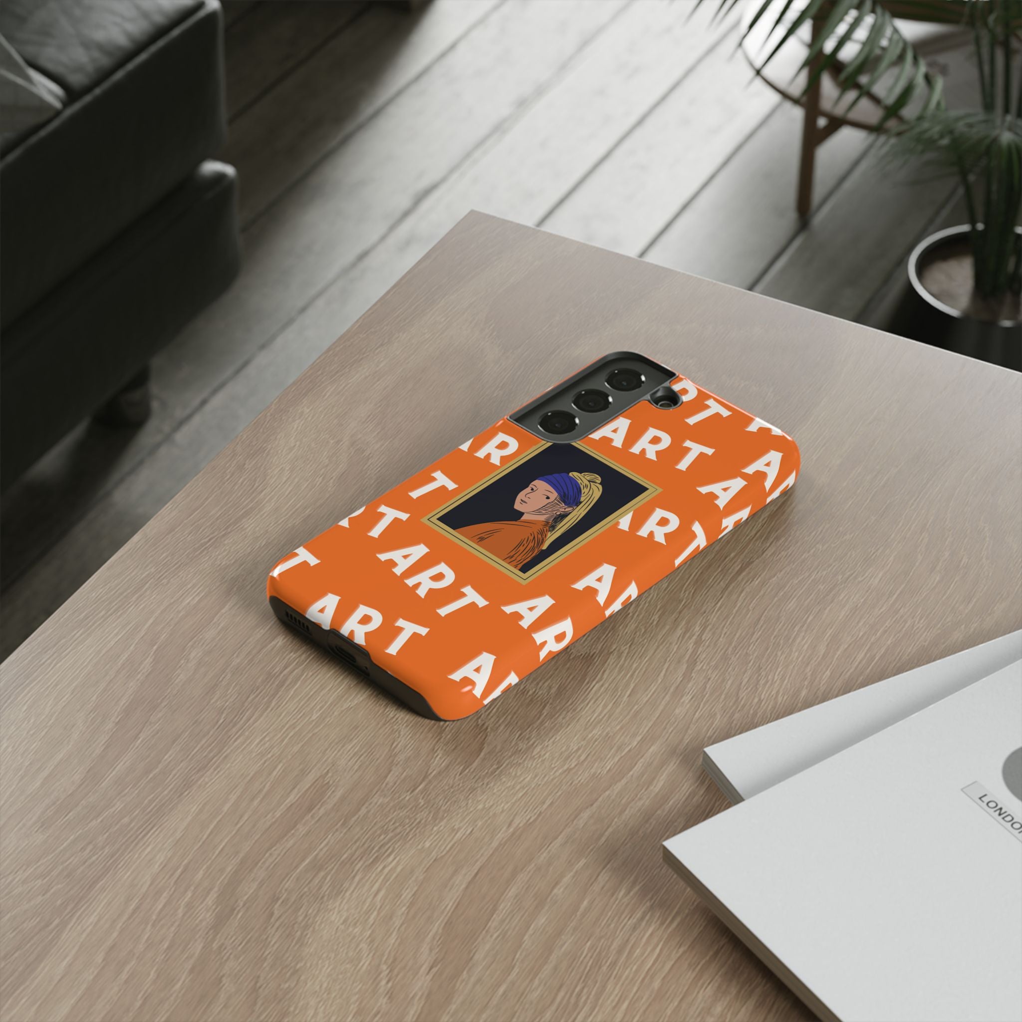 Bold Orange "ART" Pattern with Framed Girl with Pearl Earring Illustration