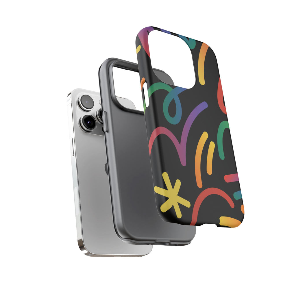 Colorful Doodle Tough Phone Case — Black Background Protective Cover